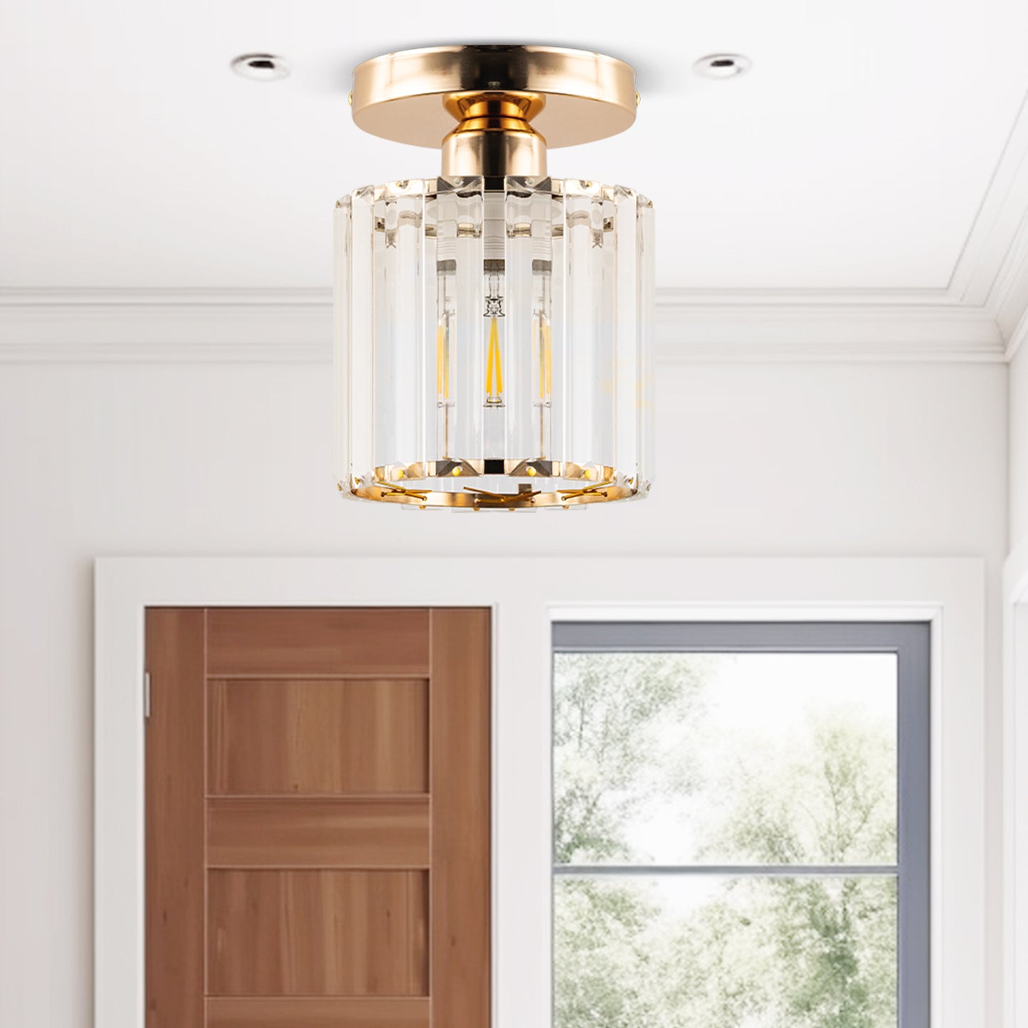 5 in.1-Light Gold Crystal Cylinder Semi Flush Mount Ceiling Light for Foyer Closet Entryway Kitchen Bedroom Dining Room
