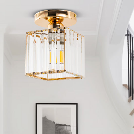 5.5 in. 1-Light Gold Square Crystal Semi Flush Mount Ceiling Light for Foyer Closet Entryway Kitchen Bedroom Dining Room