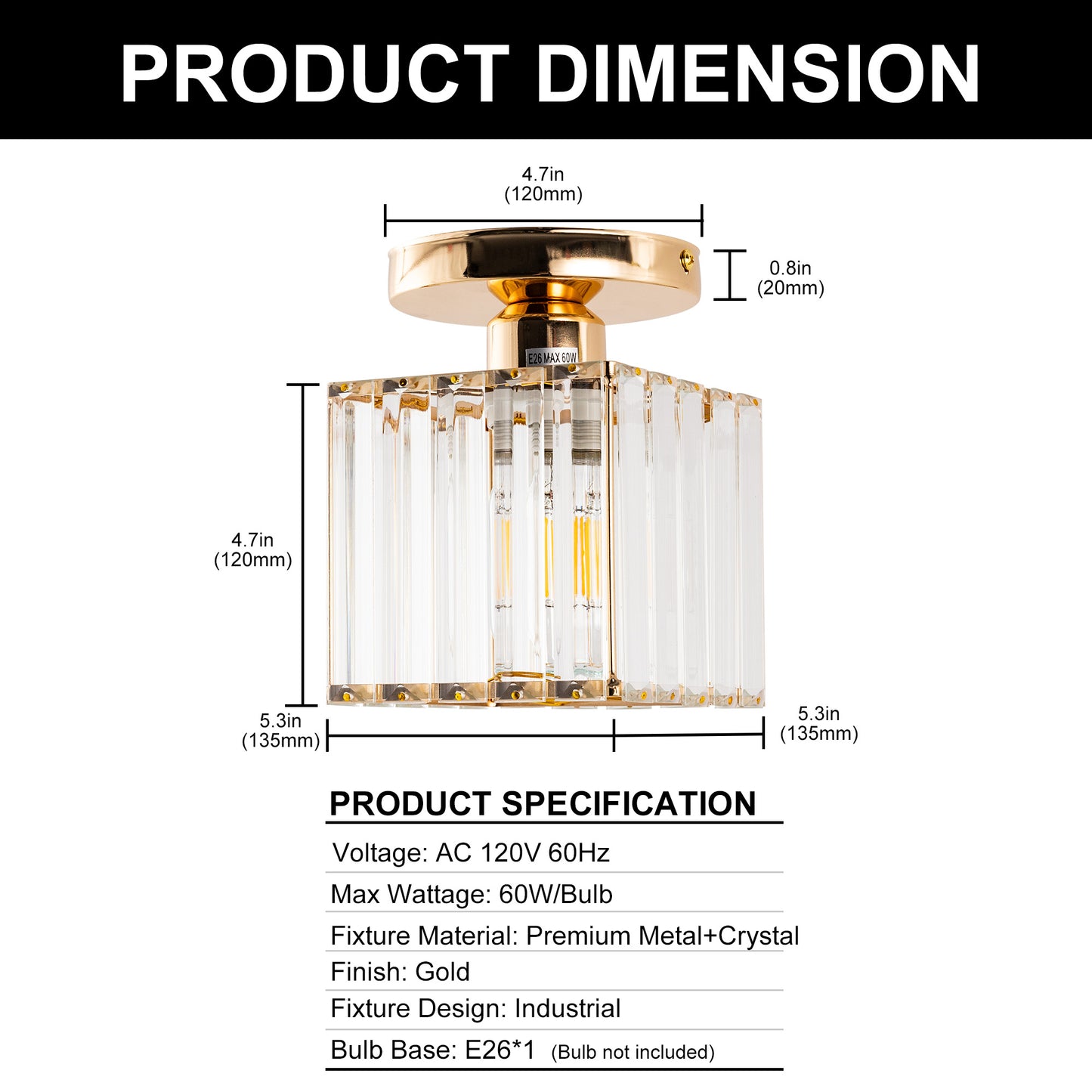 5.5 in. 1-Light Gold Square Crystal Semi Flush Mount Ceiling Light for Foyer Closet Entryway Kitchen Bedroom Dining Room