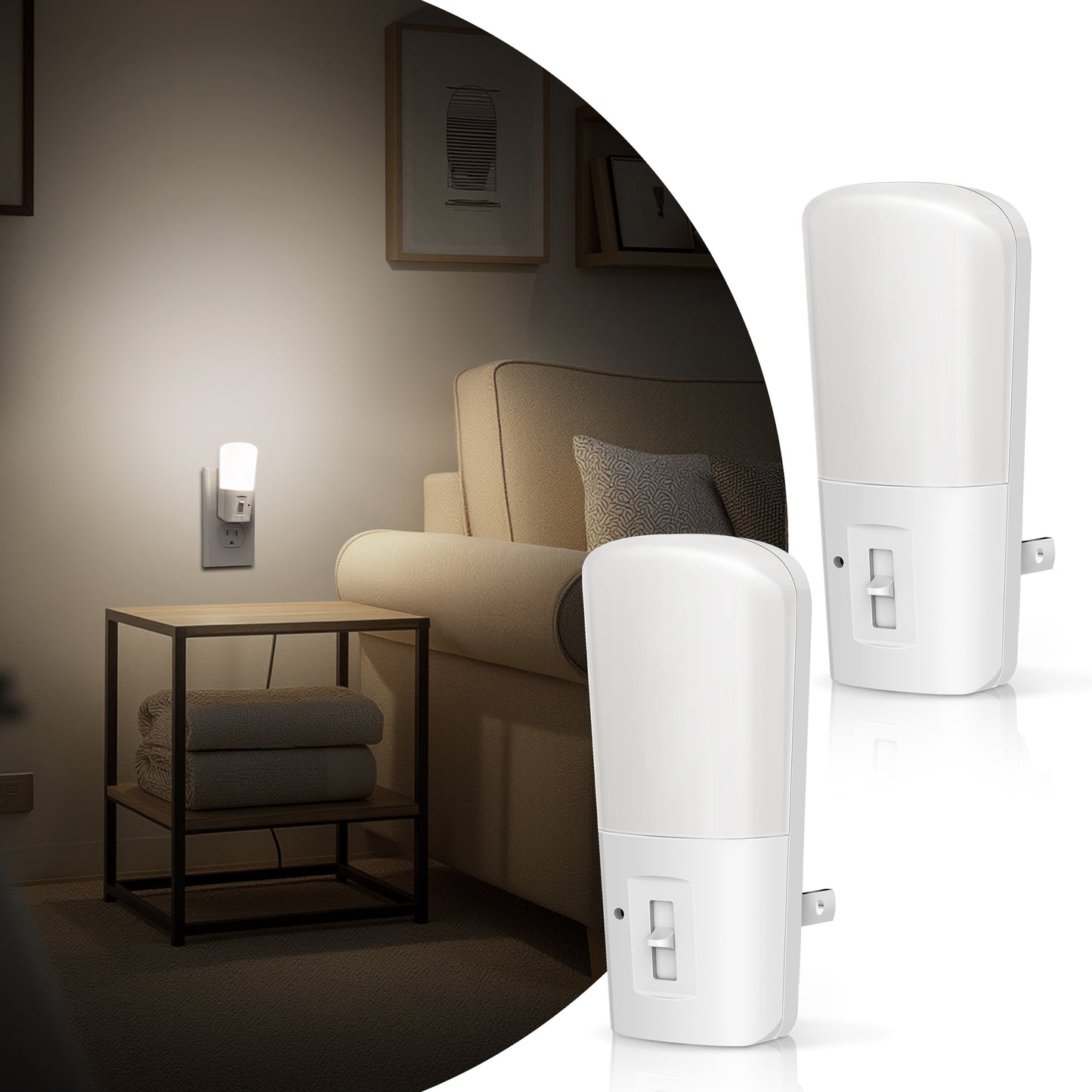 YANSUN 1 Watt Plug-in LED Night Light with Light Sensor and Slide Dimming White 5000K 2-Pack
