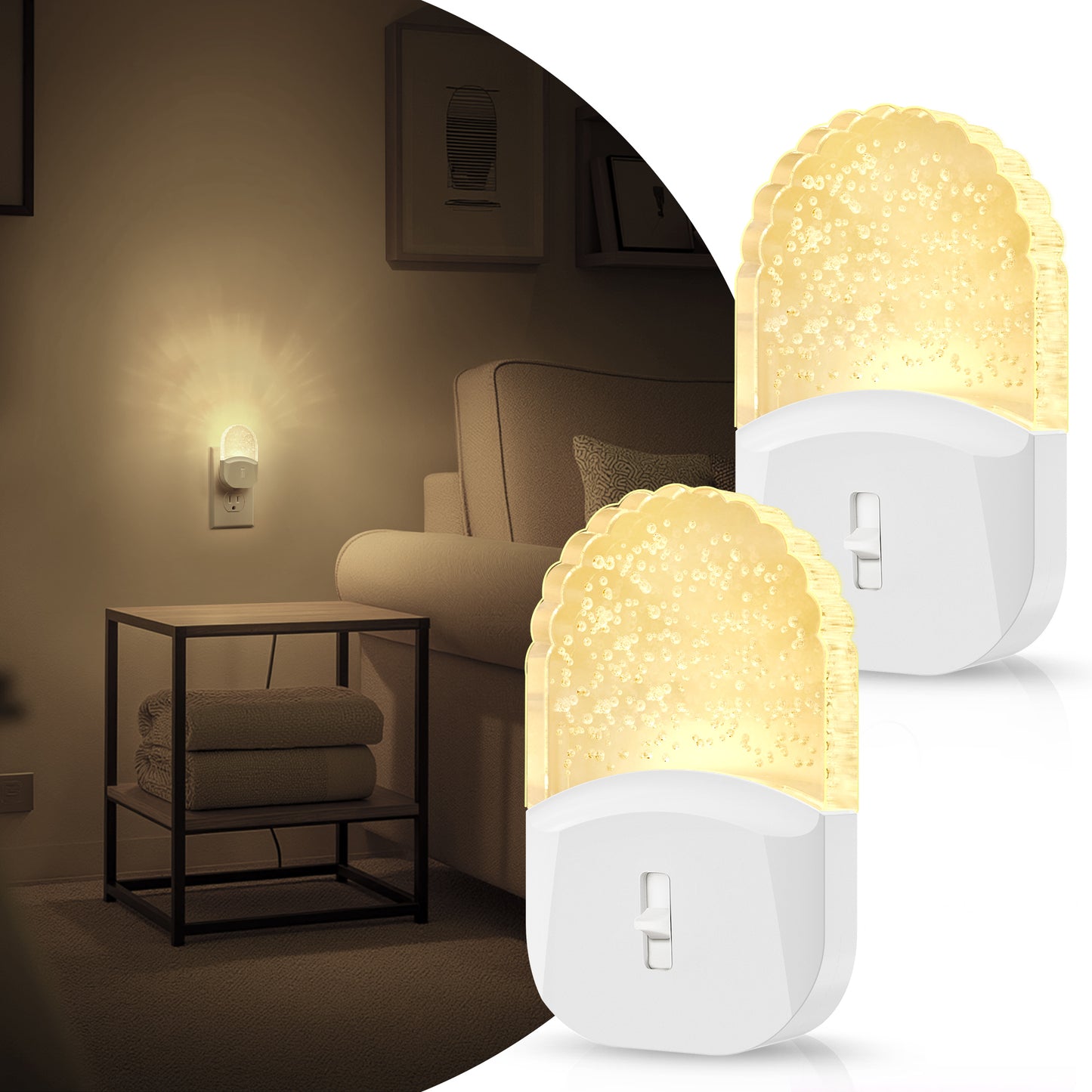 YANSUN 0.5-Watt Integrated LED Plug-In Night Light, Acrylic Decorative, Amber 3000K, Slide Adjustable, Light Sensor, 2-Pack