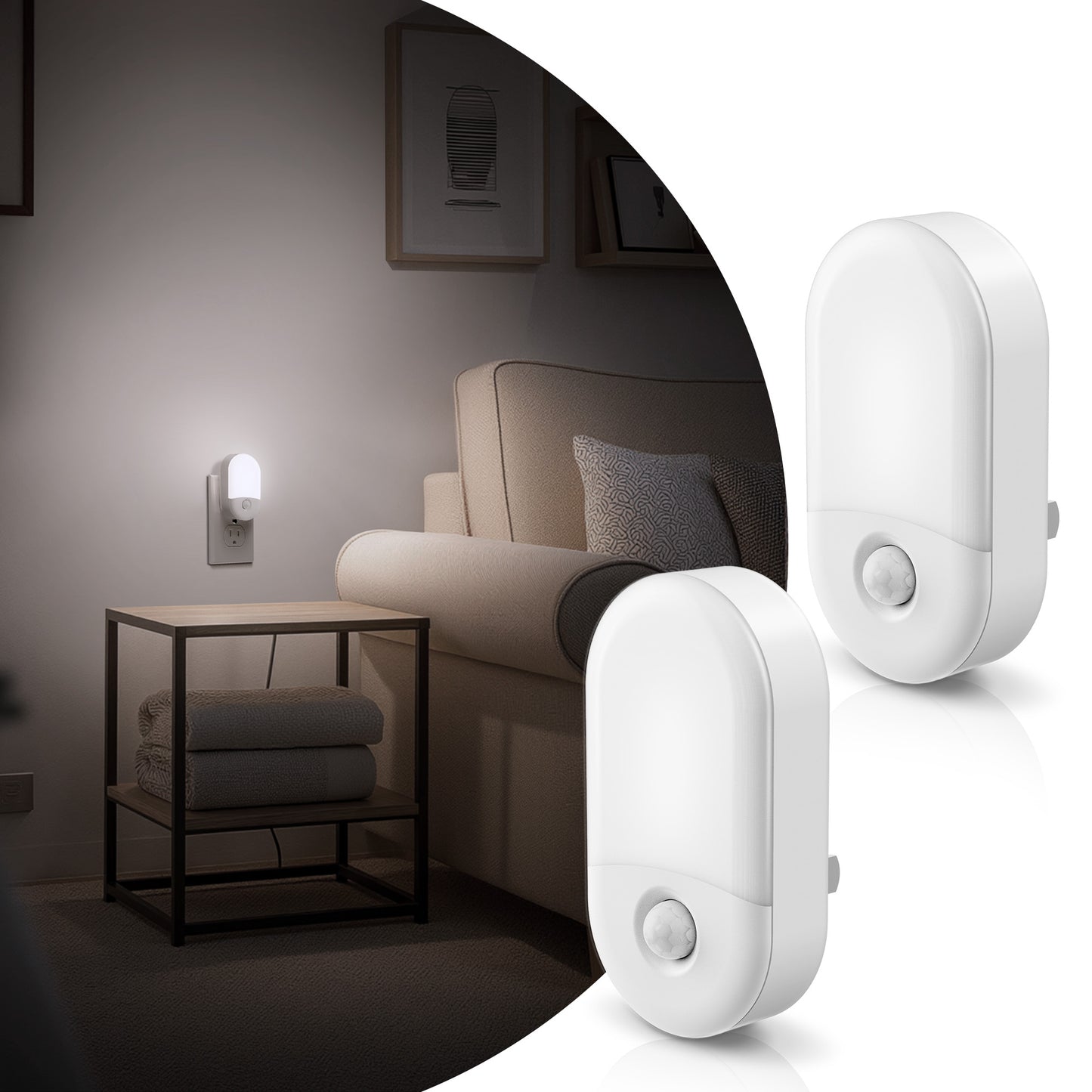 YANSUN 0.6-Watt Plug-In Motion Sensor Night Light with Daylight White LED and Adjustable Brightness, 2-Pack