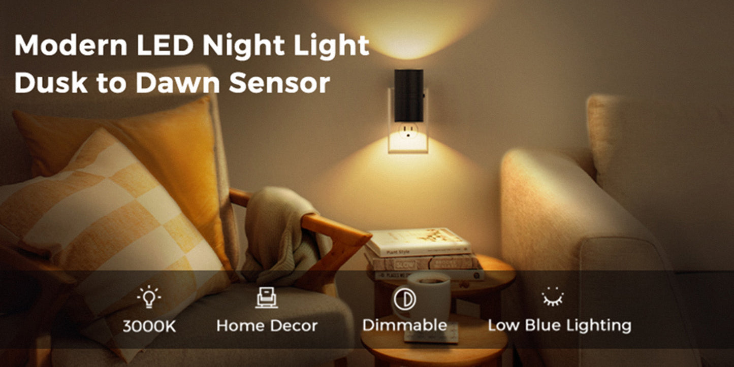 Dimmable Night Lights Plug into Wall, 3000K Soft White, Adjustable Brightness, Auto On/Off, 2-Pack for Bedroom, Hallway