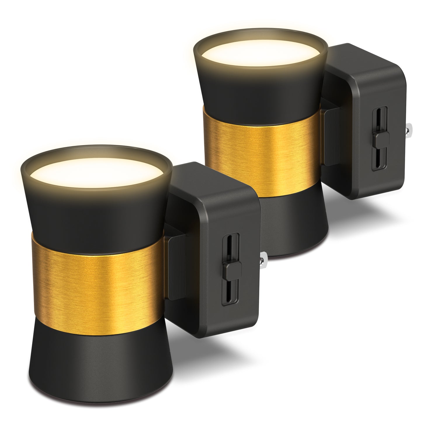 YANSUN 2-Pack 1W Black Plug-In Night Lights, Mini Trumpet Cylinder Design with Gold-Tone Belt, Warm 3000K Dimmable, US Plug