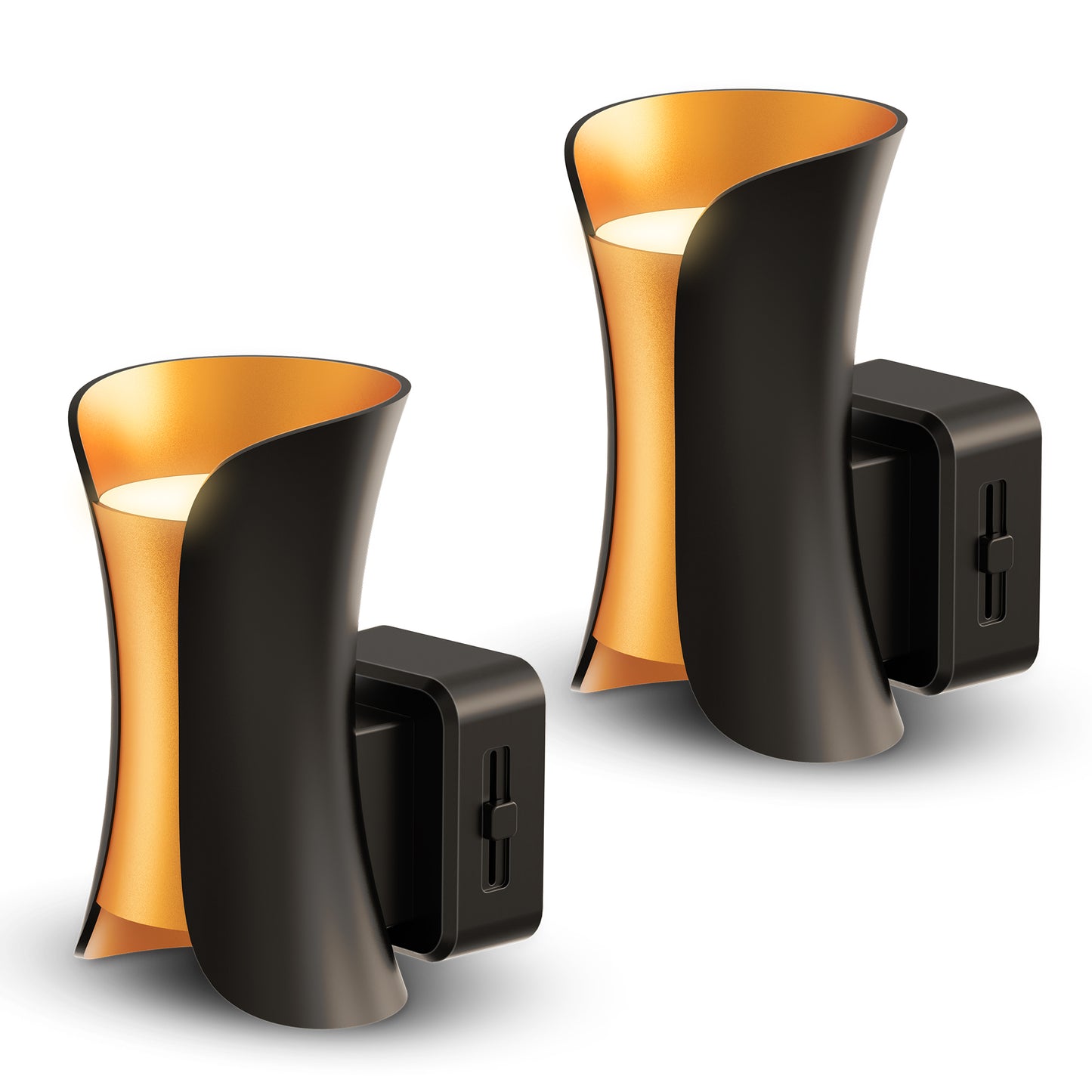 YANSUN 2-Pack 1W LED Plug-In Night Light with Hourglass Waist Design, Black Base & Champagne Gold Accents, Up/Down Light, Adjustable Slide Dimmer 0%-100%, Warm 3000K