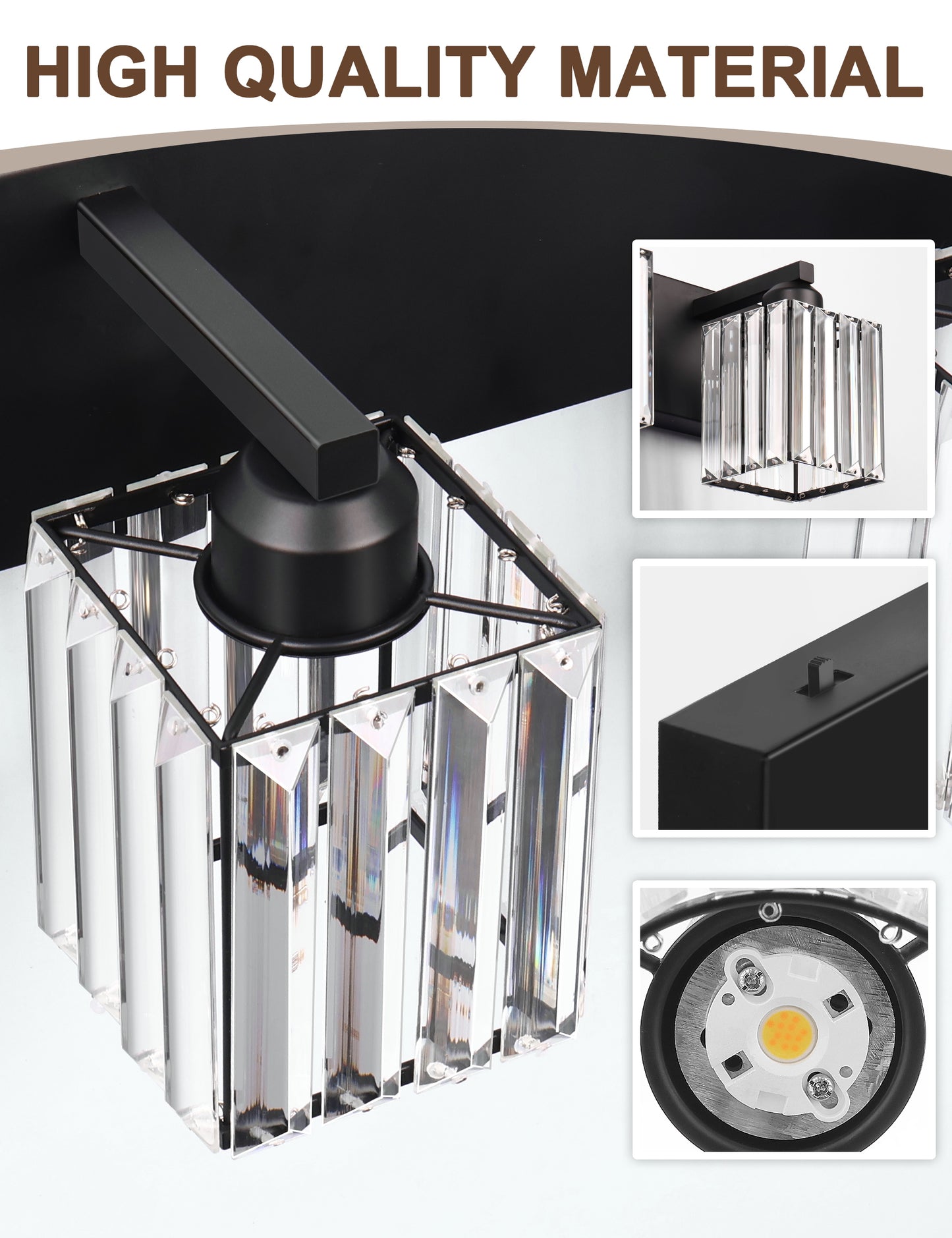 24 in. 3-Light Black Square Crystal Bathroom 3CCT Integrated LED Vanity Light Fixture