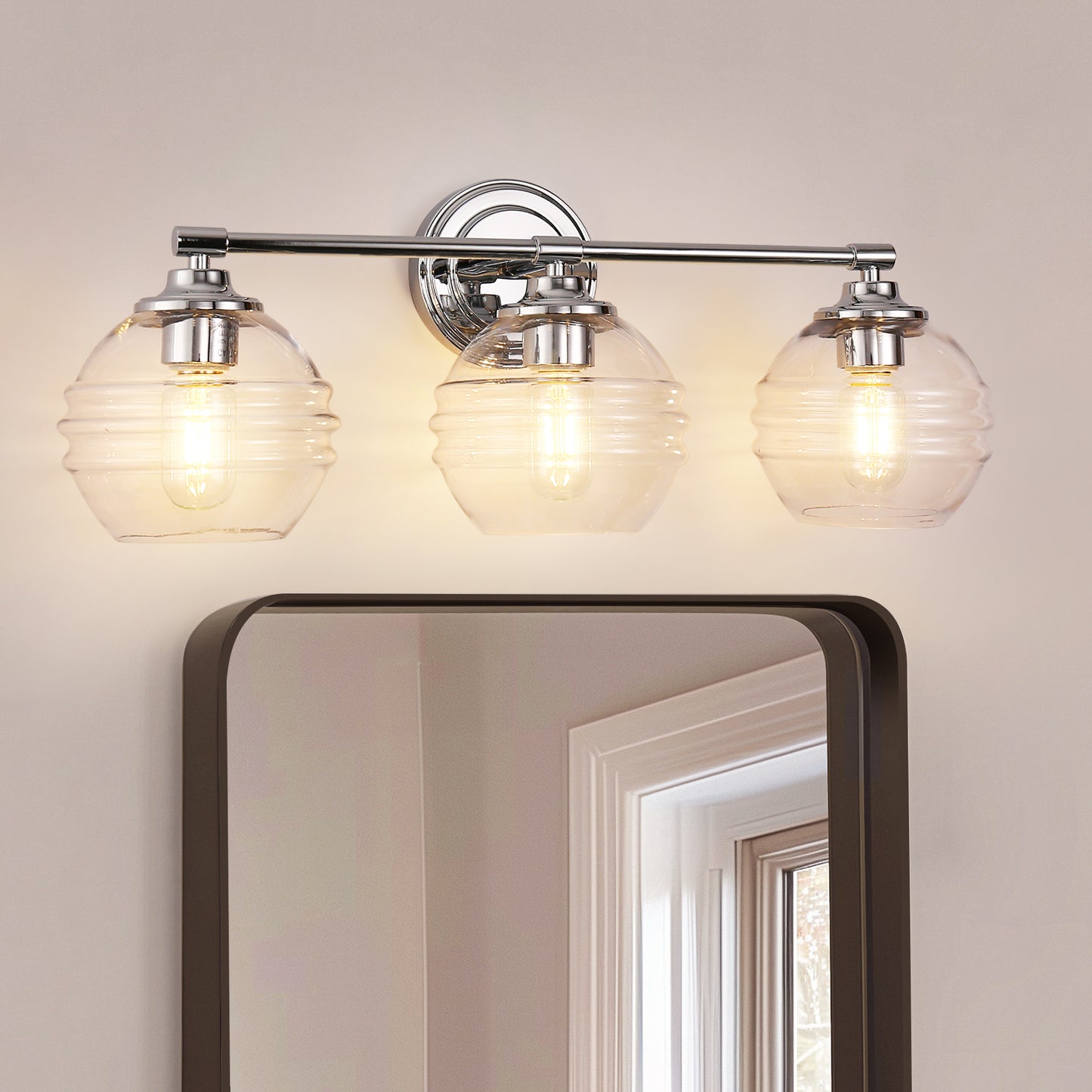 24 in. 3-Light Chrome Modern Globe Vanity Light for Bathroom with Clear Glass Shades