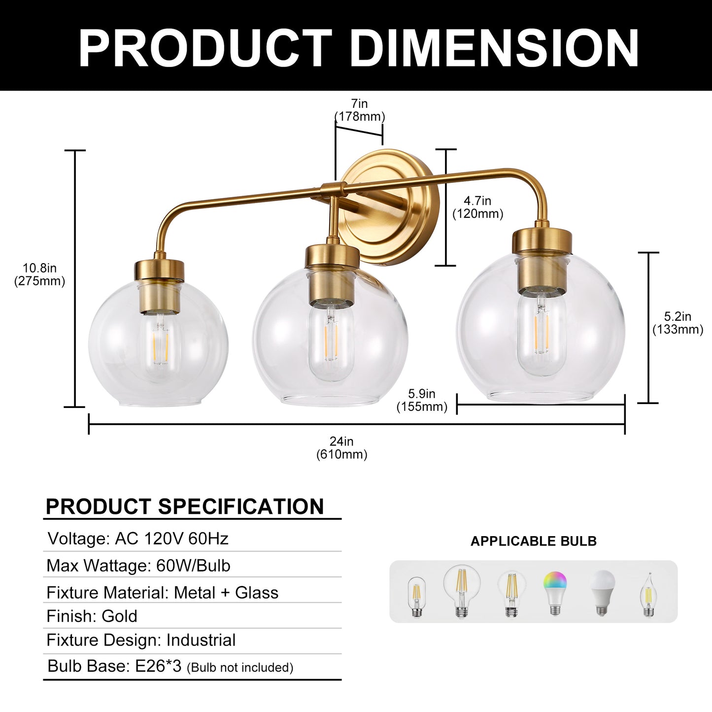 24 in. 3-Light Mid-Century Modern Globe Bathroom Vanity Light, Brass Gold Round Wall Fixture with Clear Glass Shades