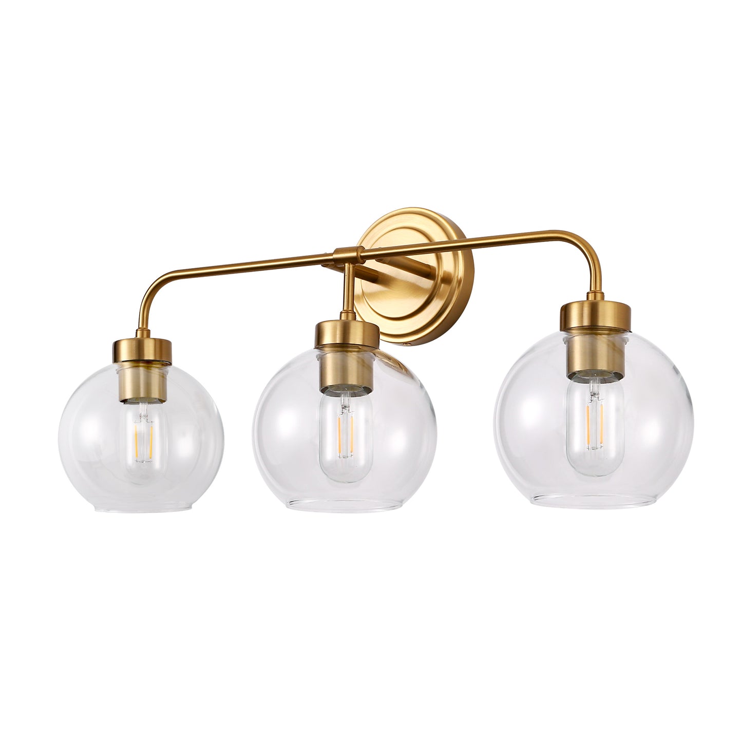 24 in. 3-Light Mid-Century Modern Globe Bathroom Vanity Light, Brass Gold Round Wall Fixture with Clear Glass Shades