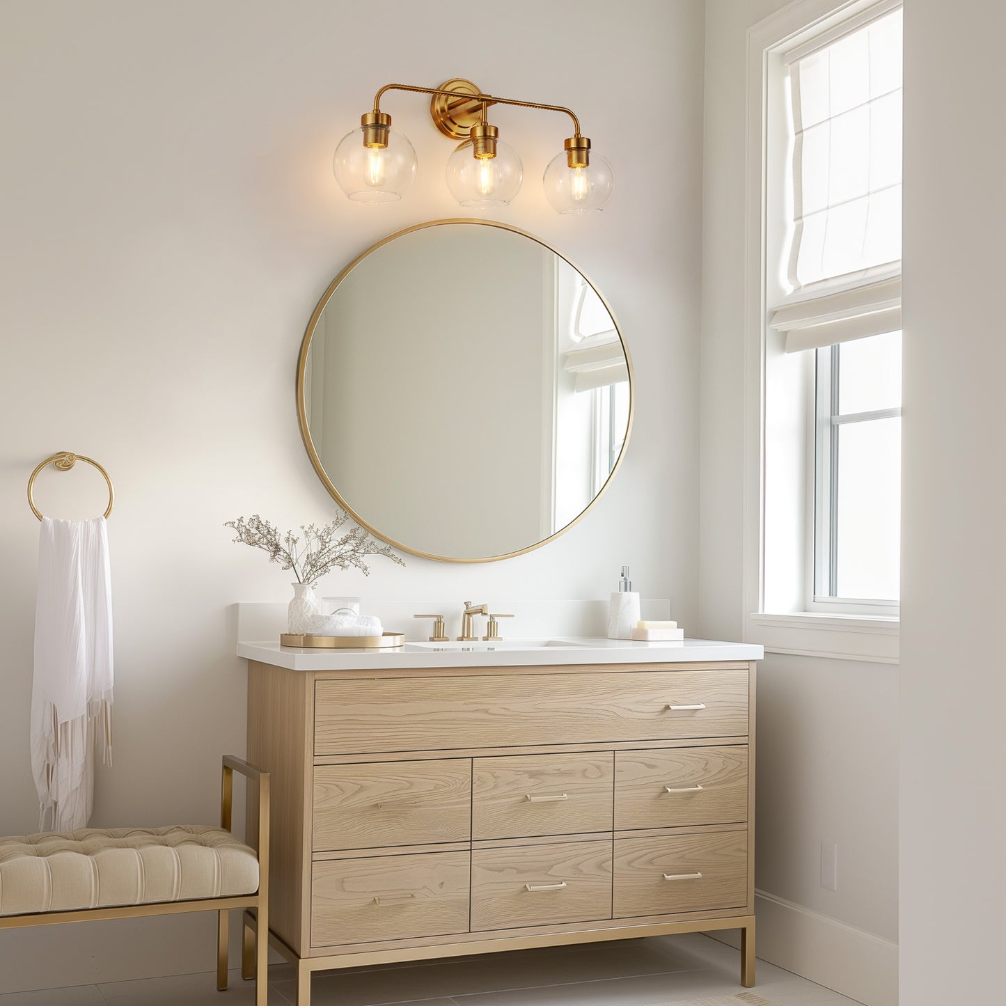 24 in. 3-Light Mid-Century Modern Globe Bathroom Vanity Light, Brass Gold Round Wall Fixture with Clear Glass Shades
