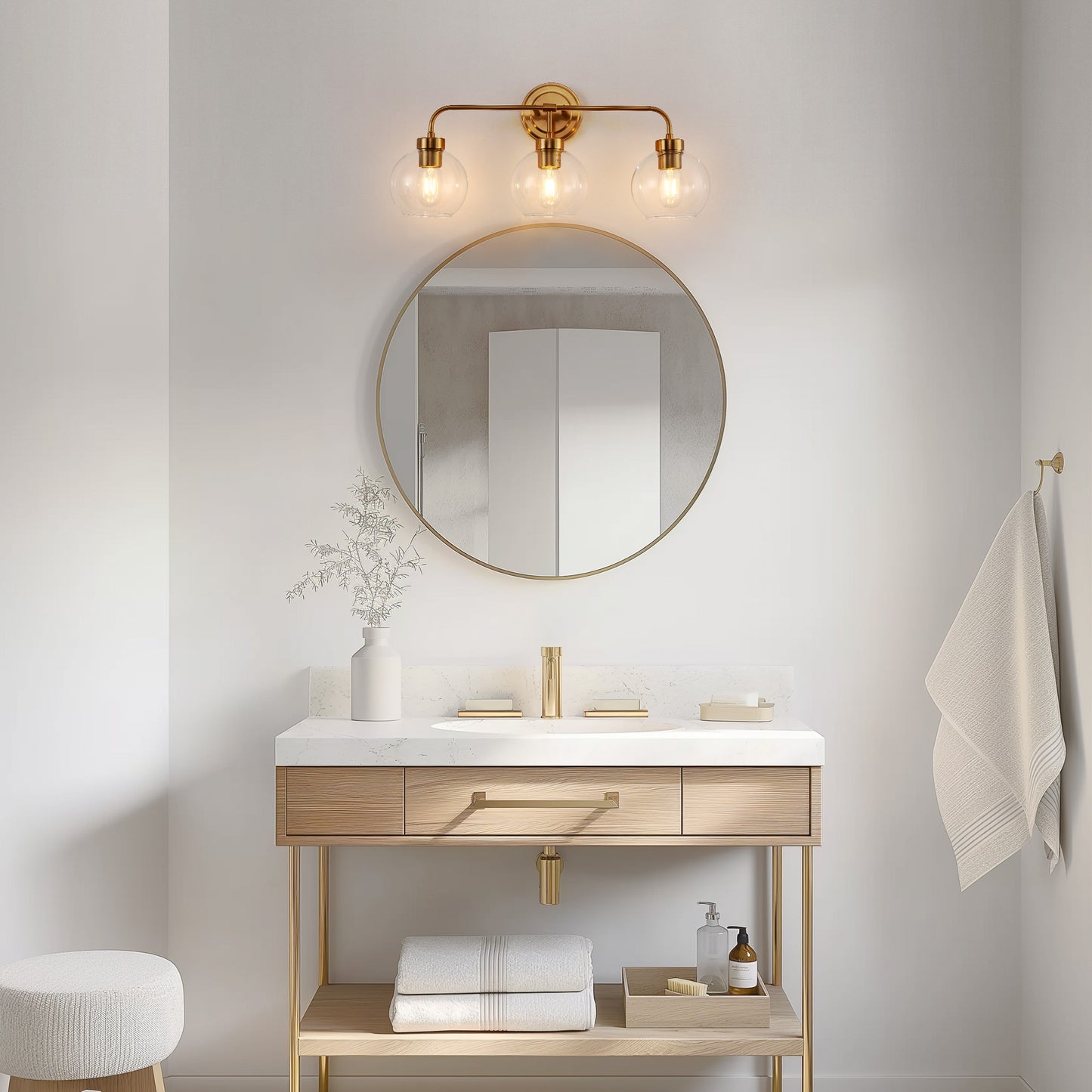 24 in. 3-Light Mid-Century Modern Globe Bathroom Vanity Light, Brass Gold Round Wall Fixture with Clear Glass Shades