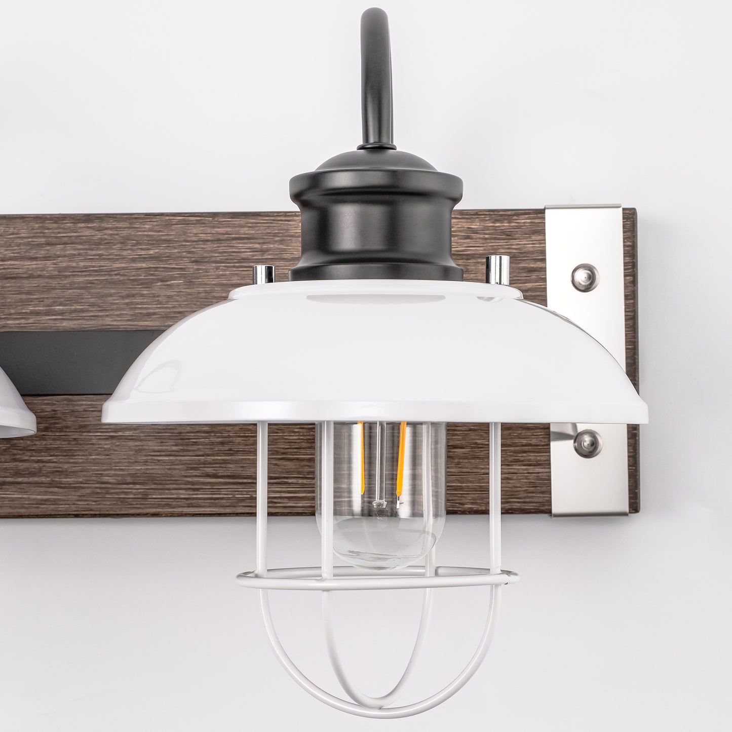 24 in. 3 Light Chrome and Wood Grain Modern Unique Bell Vanity Light for Bathroom, Kitchen with White Metal Shades