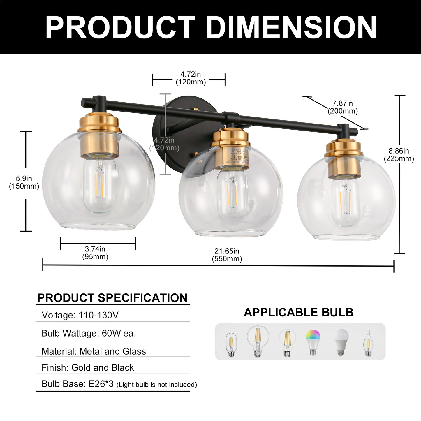 22 in. 3-Light Black and Gold Modern Bathroom Vanity Light with Clear Glass Shades, Wall Sconce for Large Spaces