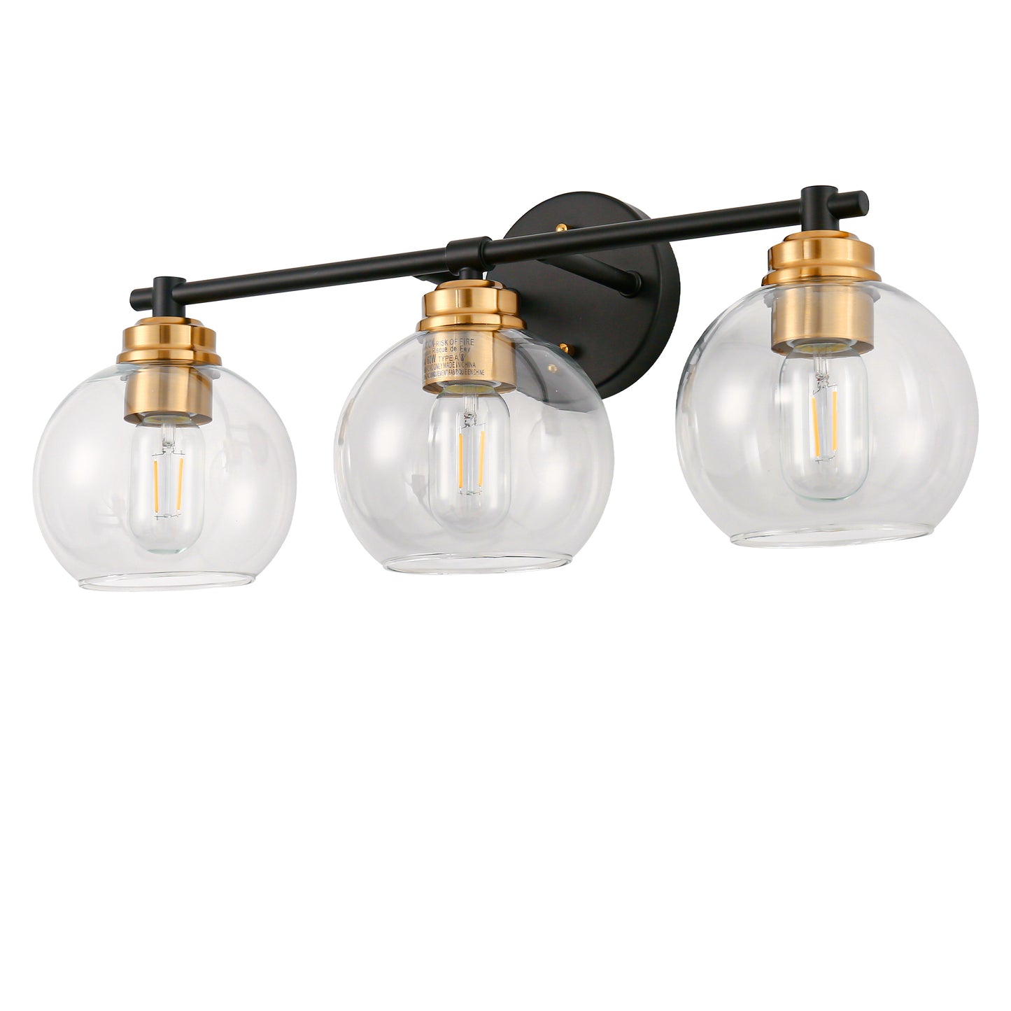 22 in. 3-Light Black and Gold Modern Bathroom Vanity Light with Clear Glass Shades, Wall Sconce for Large Spaces