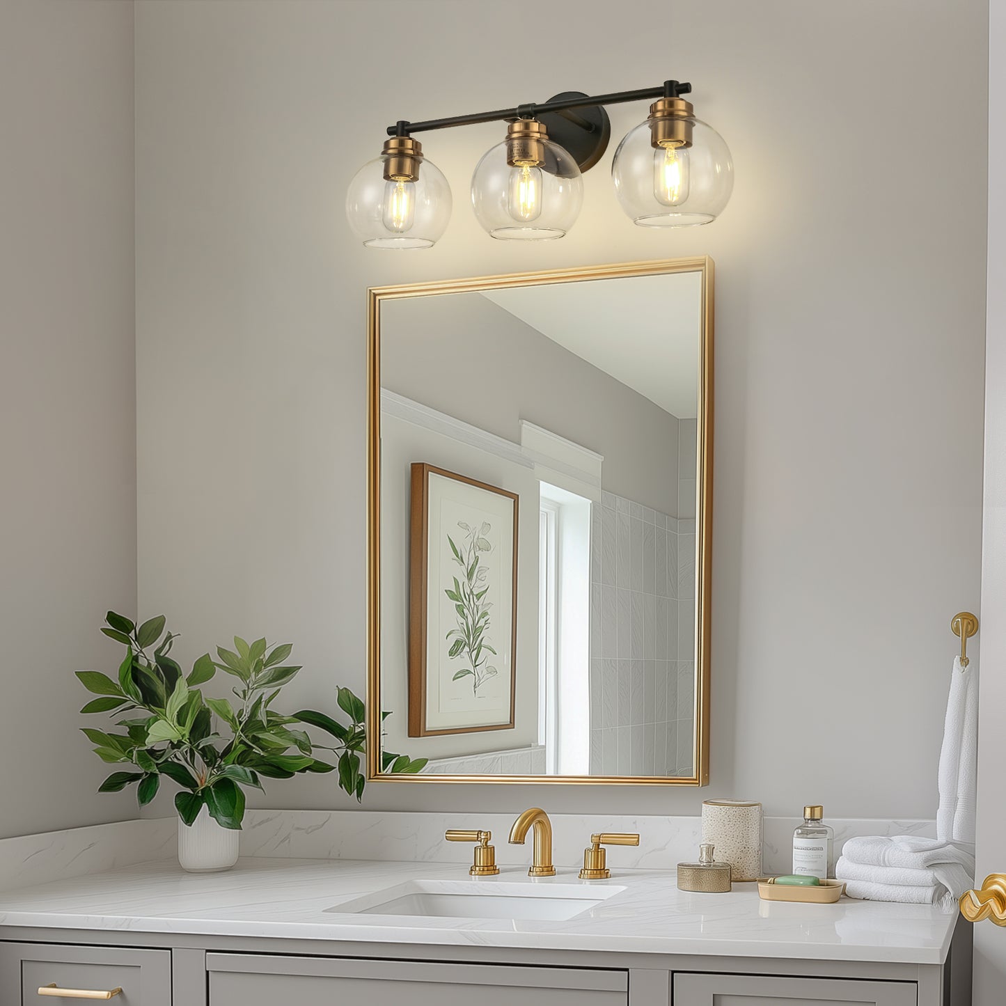 22 in. 3-Light Black and Gold Modern Bathroom Vanity Light with Clear Glass Shades, Wall Sconce for Large Spaces