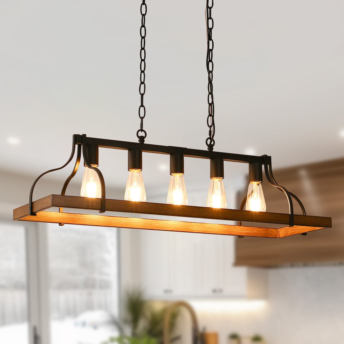 Rustic 5-Light Kitchen Island and Dining Room Light, Farmhouse Linear Chandelier with Black and Brown Wood Finish