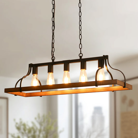 Rustic 5-Light Kitchen Island and Dining Room Light, Farmhouse Linear Chandelier with Black and Brown Wood Finish