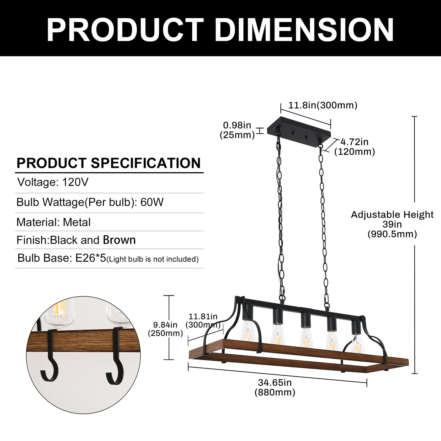 Rustic 5-Light Kitchen Island and Dining Room Light, Farmhouse Linear Chandelier with Black and Brown Wood Finish