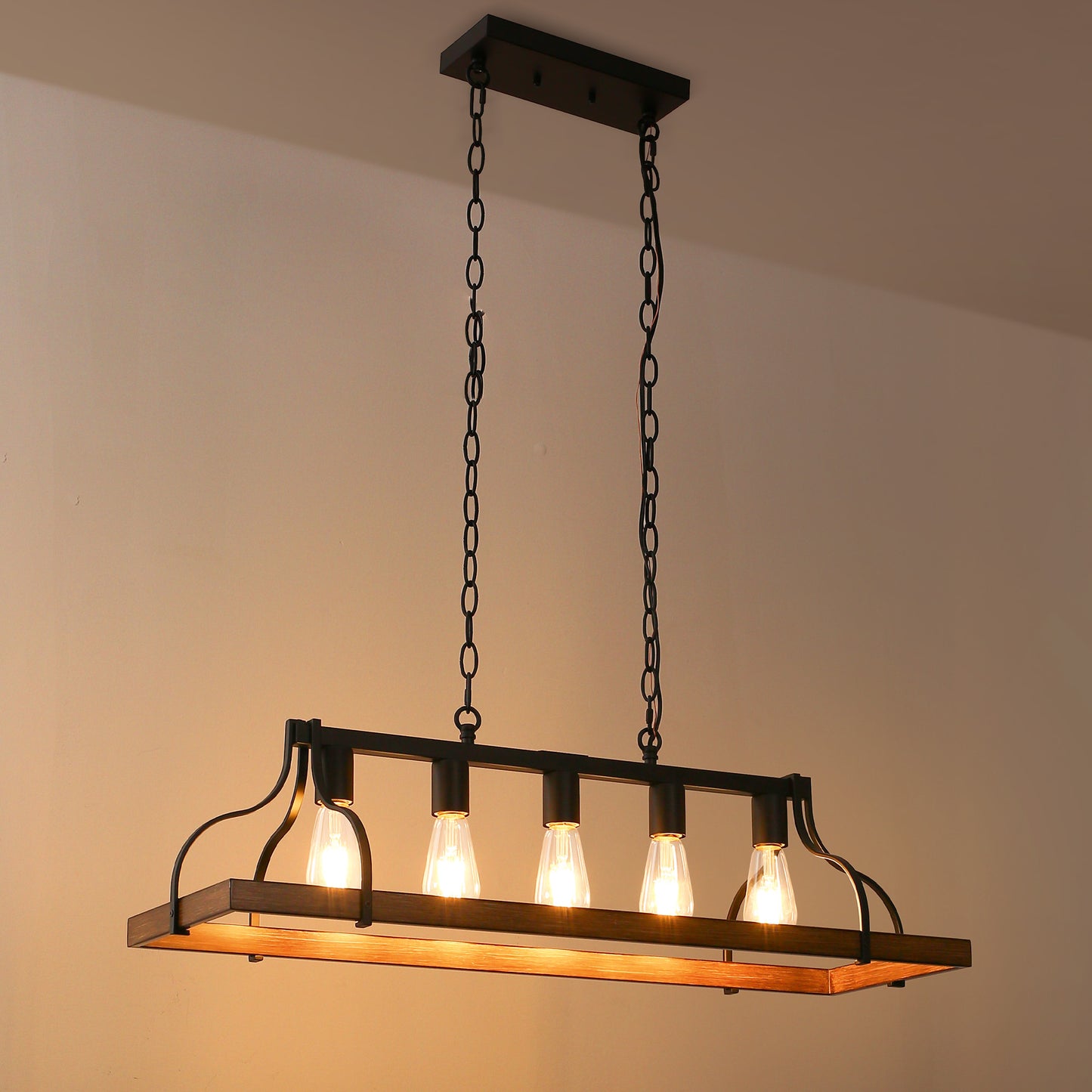 Rustic 5-Light Kitchen Island and Dining Room Light, Farmhouse Linear Chandelier with Black and Brown Wood Finish