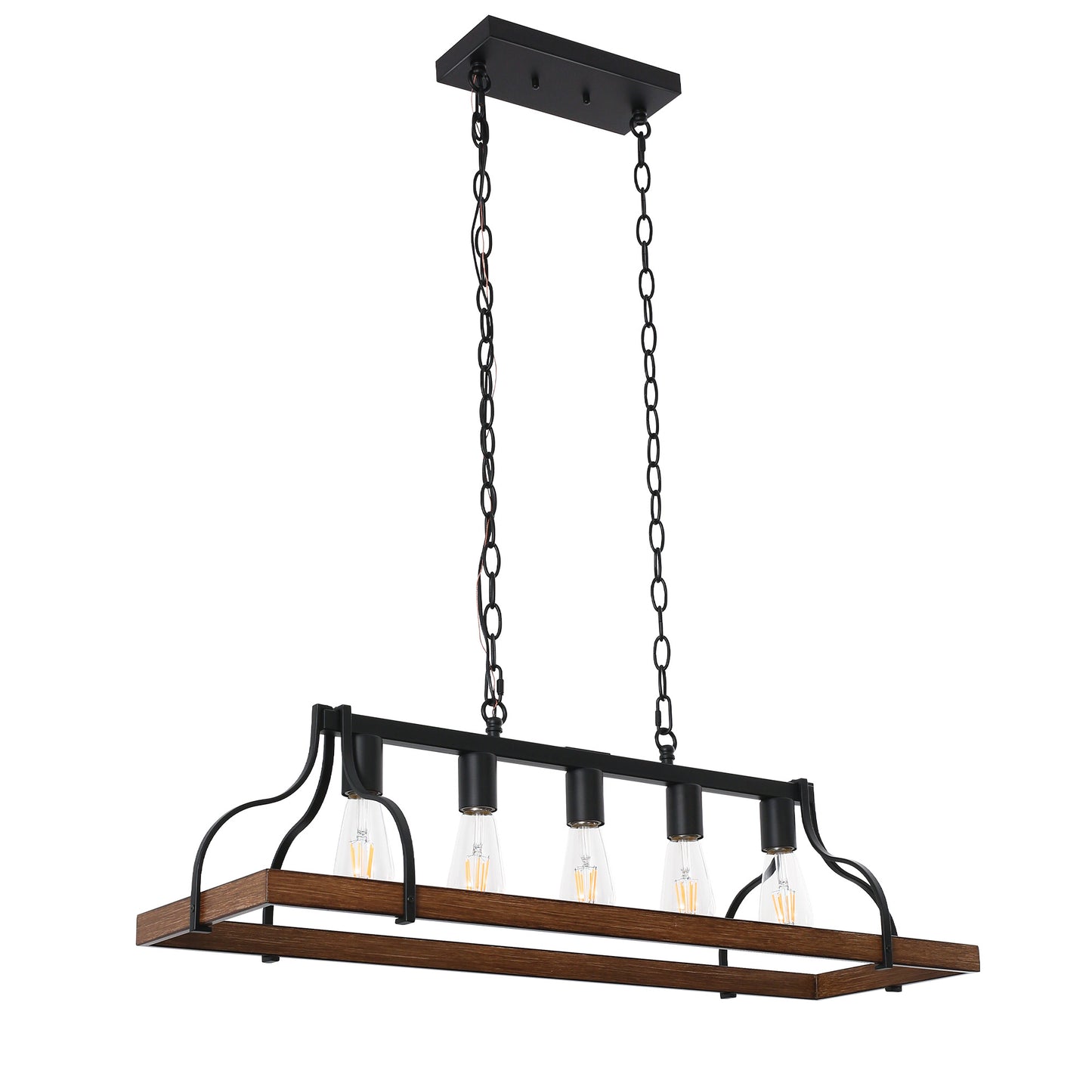 Rustic 5-Light Kitchen Island and Dining Room Light, Farmhouse Linear Chandelier with Black and Brown Wood Finish