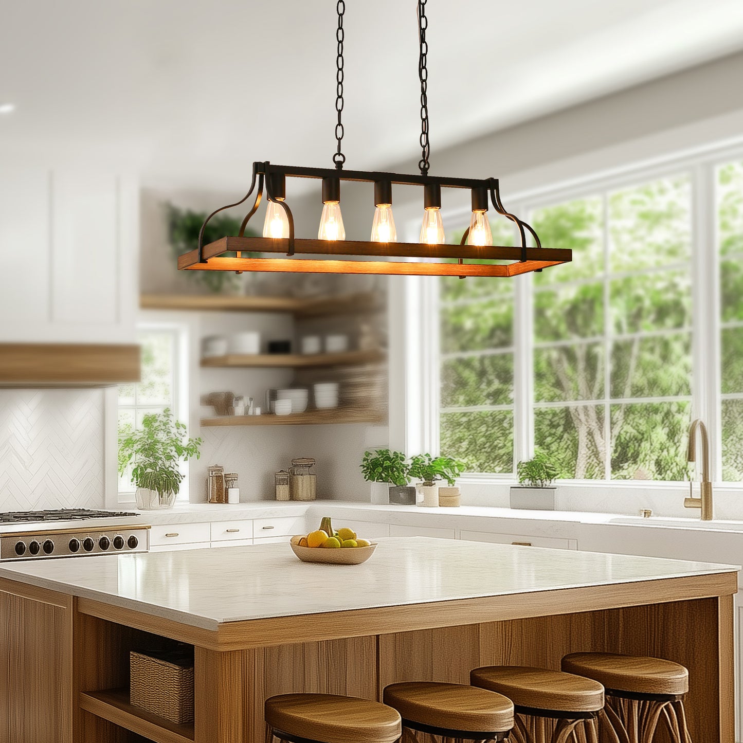 Rustic 5-Light Kitchen Island and Dining Room Light, Farmhouse Linear Chandelier with Black and Brown Wood Finish