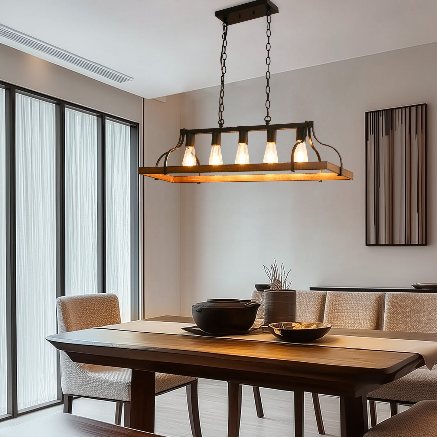 Rustic 5-Light Kitchen Island and Dining Room Light, Farmhouse Linear Chandelier with Black and Brown Wood Finish