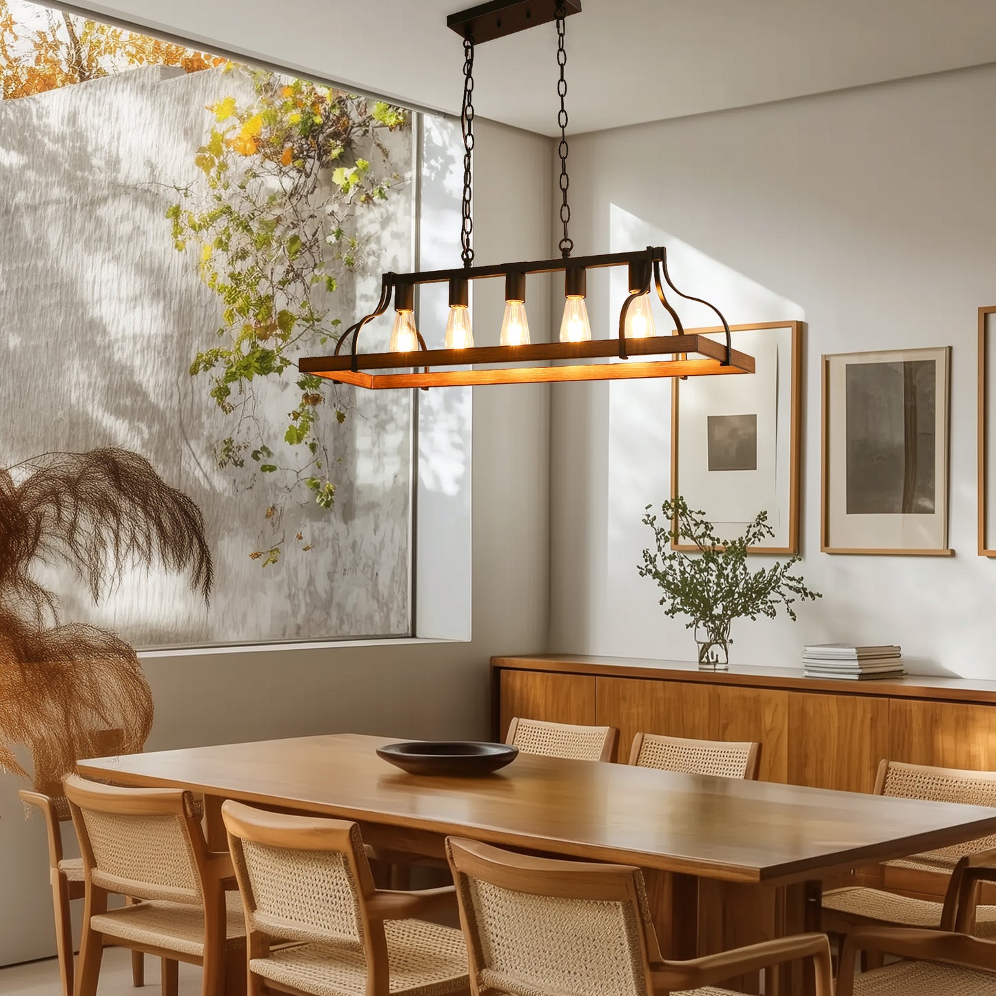 Rustic 5-Light Kitchen Island and Dining Room Light, Farmhouse Linear Chandelier with Black and Brown Wood Finish