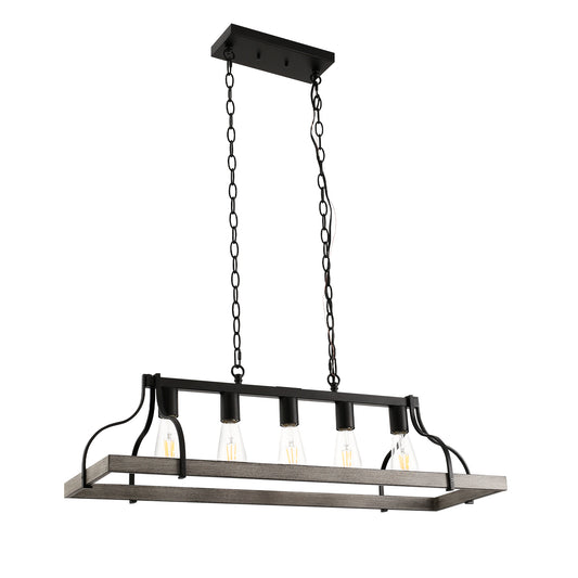 YANSUN 5-Lights Rustic Wood Gray Chandelier Kitchen Island Pendant Light with E26 Base for Kitchen Dining Room No Bulb Included