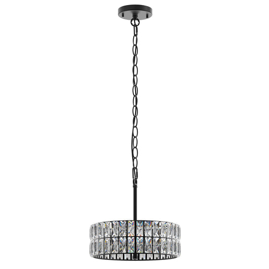 YANSUN 70.9 in. Black Drum Chandelier 3-Light E12 Modern Hanging Light with Crystal Glass Shade for Dining Room Bedroom Kitchen