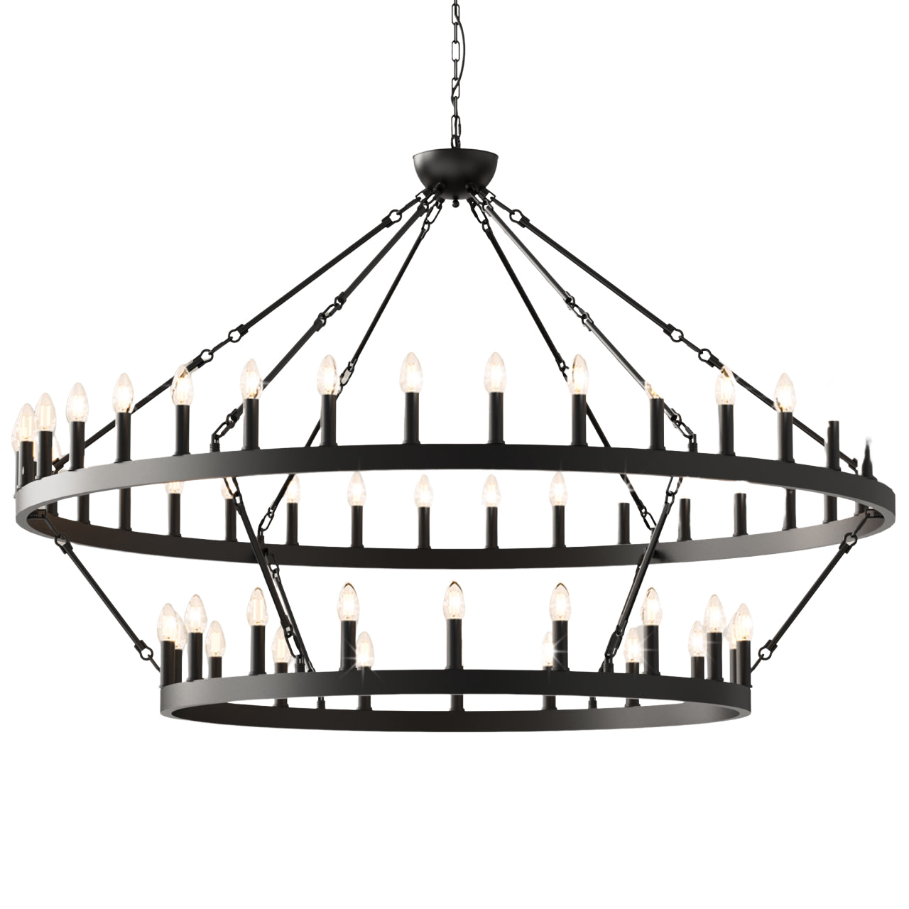 YANSUN 54-Light Industrial Black Chandelier with Double Ring and Straight Rod Design, E12 Base (Bulbs No Included)