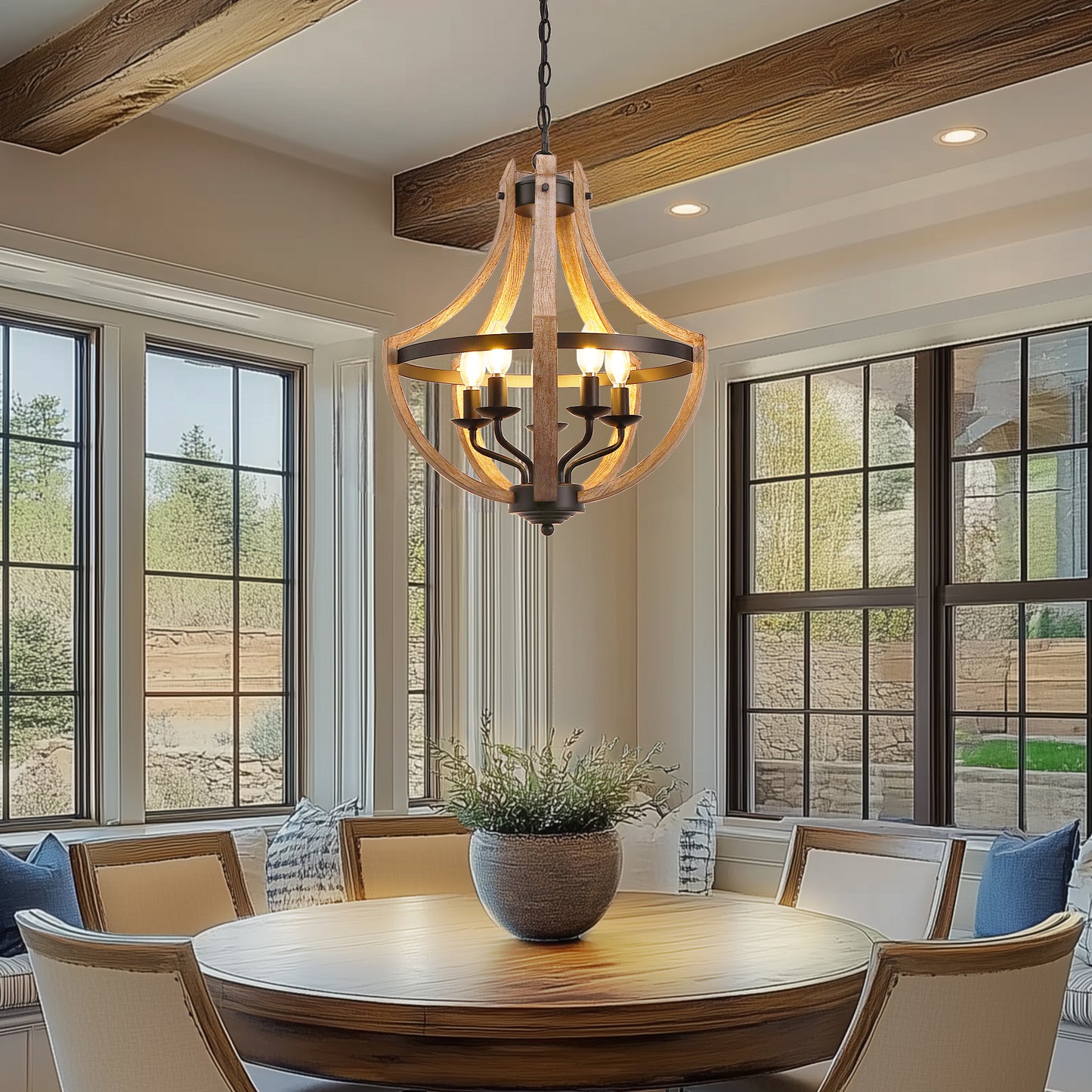Modern Geometric 5-Light Chandelier, Black and White Wood Finish, Industrial Hanging Light Fixture for Dining Table
