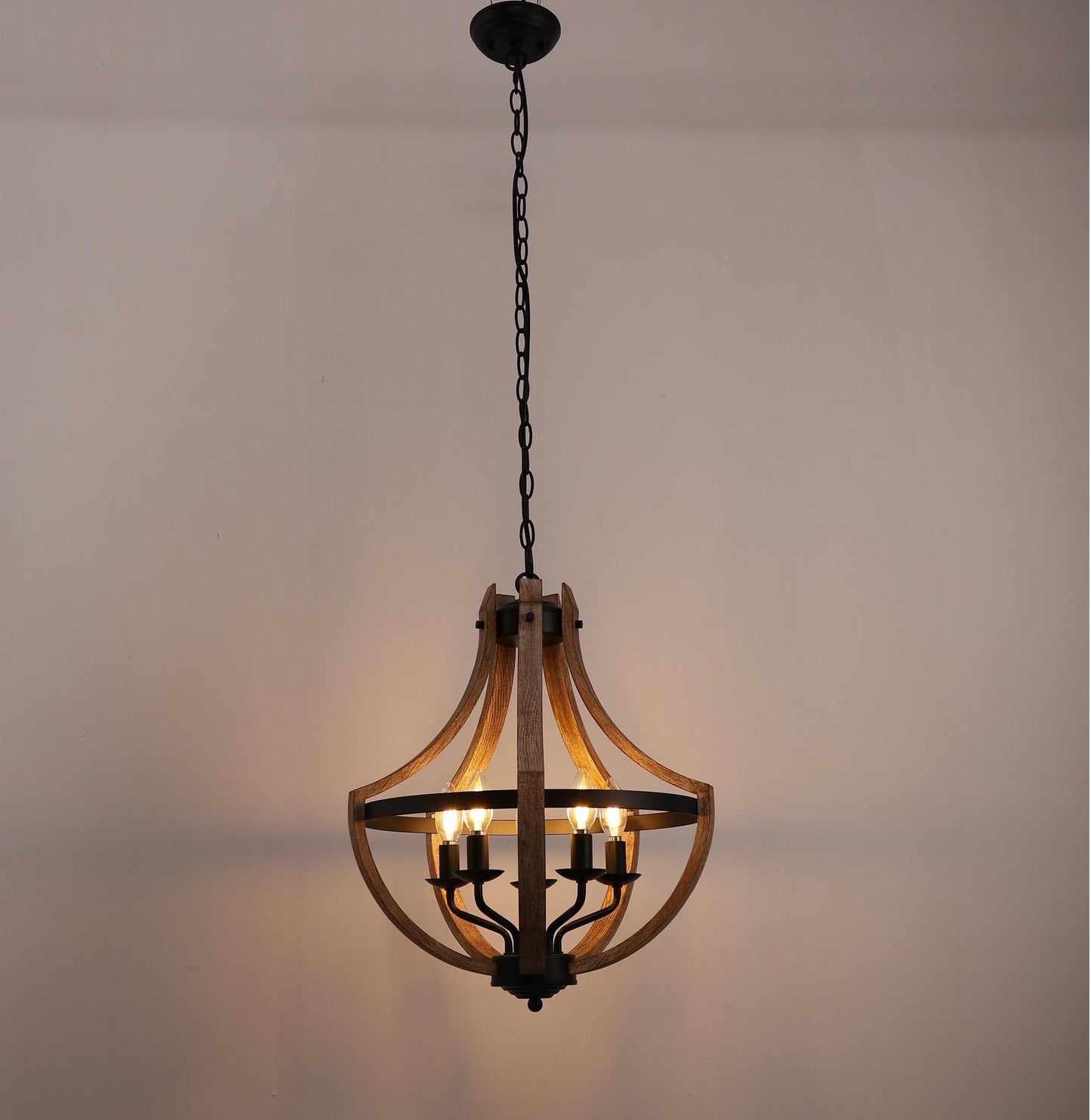 Modern Geometric 5-Light Chandelier, Black and White Wood Finish, Industrial Hanging Light Fixture for Dining Table