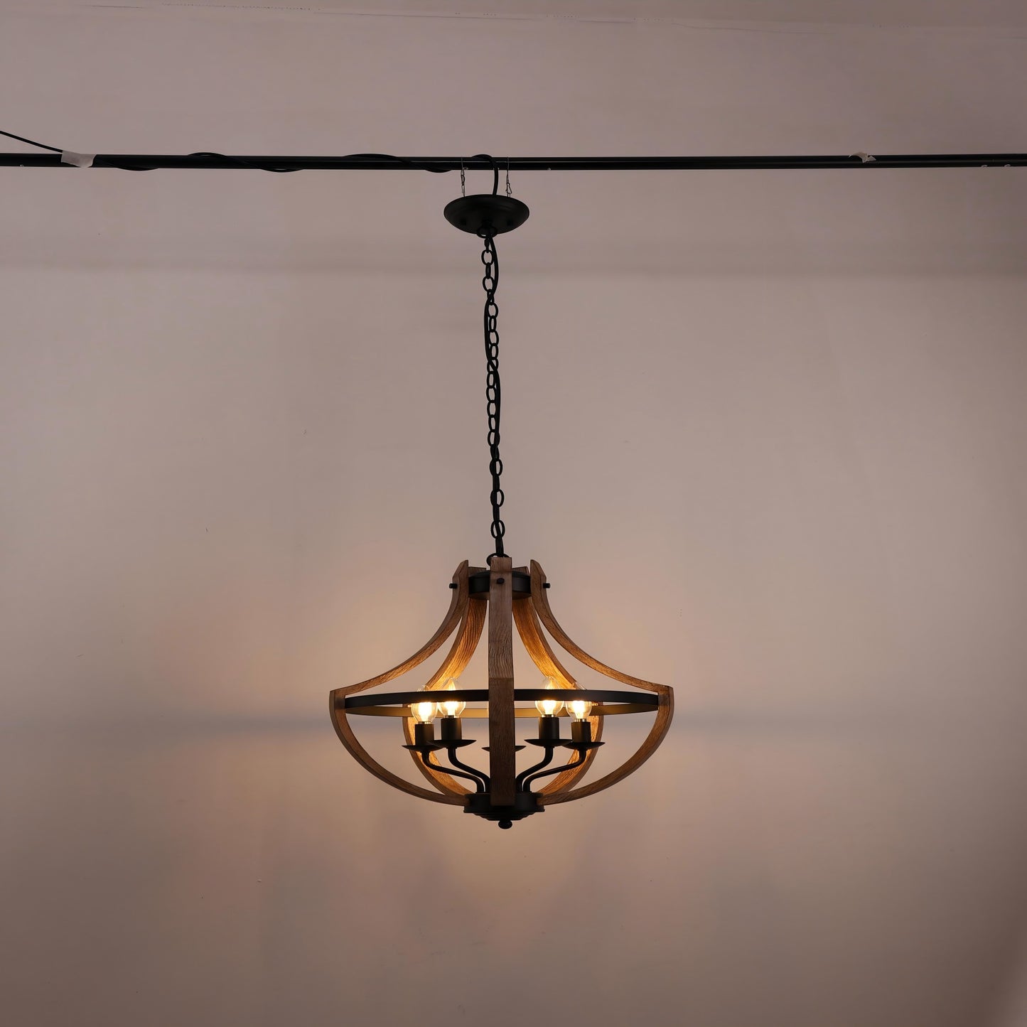 Modern Geometric 5-Light Chandelier, Black and White Wood Finish, Industrial Hanging Light Fixture for Dining Table