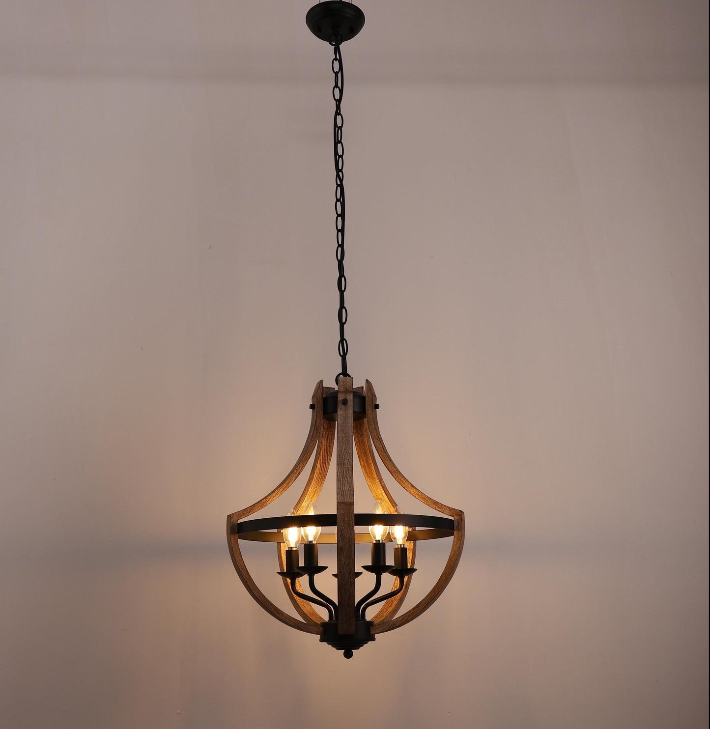 Modern Geometric 5-Light Chandelier, Black and White Wood Finish, Industrial Hanging Light Fixture for Dining Table