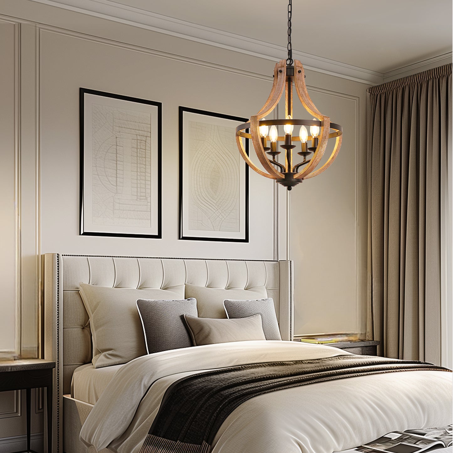 Modern Geometric 5-Light Chandelier, Black and White Wood Finish, Industrial Hanging Light Fixture for Dining Table