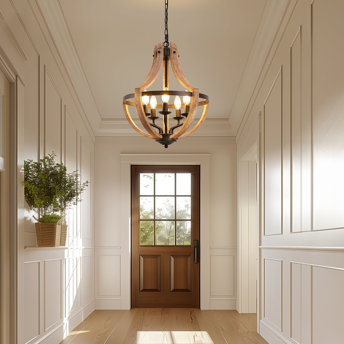 Modern Geometric 5-Light Chandelier, Black and White Wood Finish, Industrial Hanging Light Fixture for Dining Table