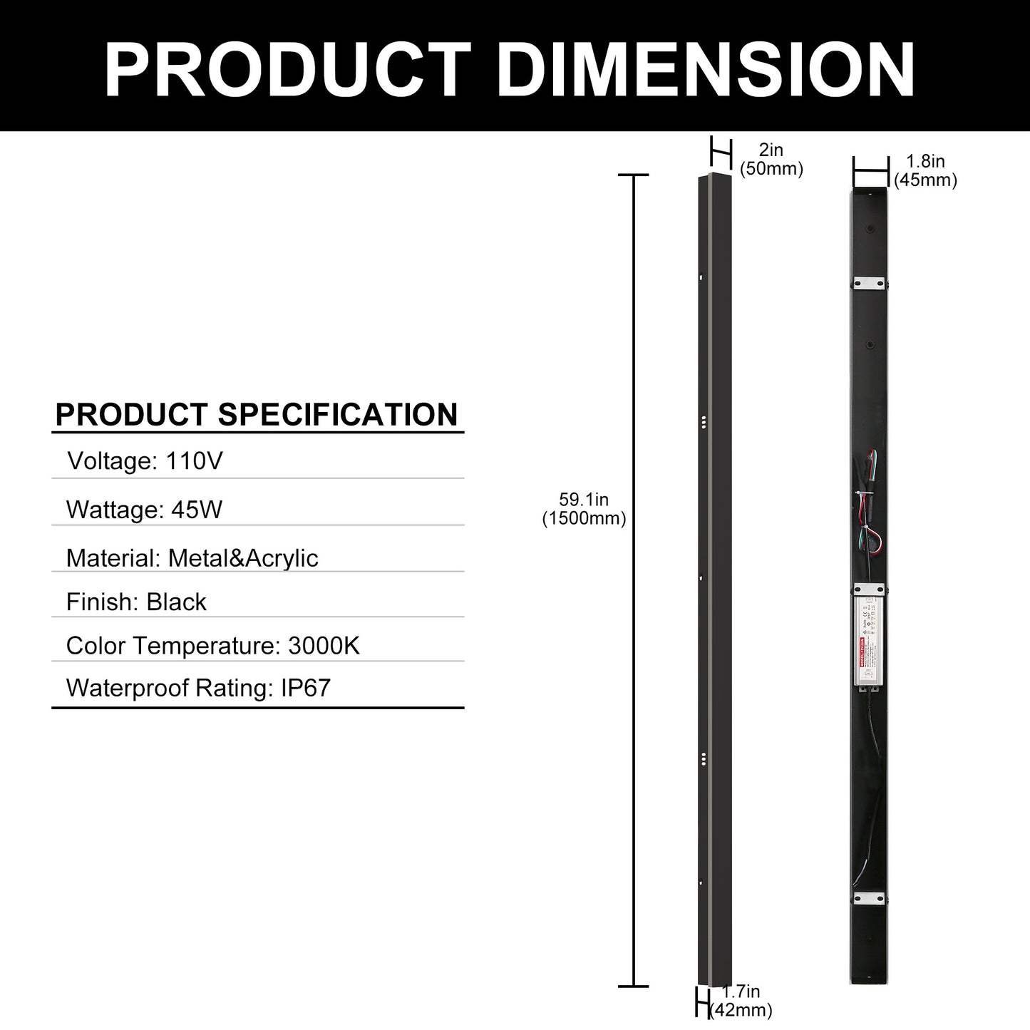 59 in. 45-Watt Black Outdoor Hardwired Linear Waterproof 3000K Warm White Integrated LED Wall Lantern Sconce