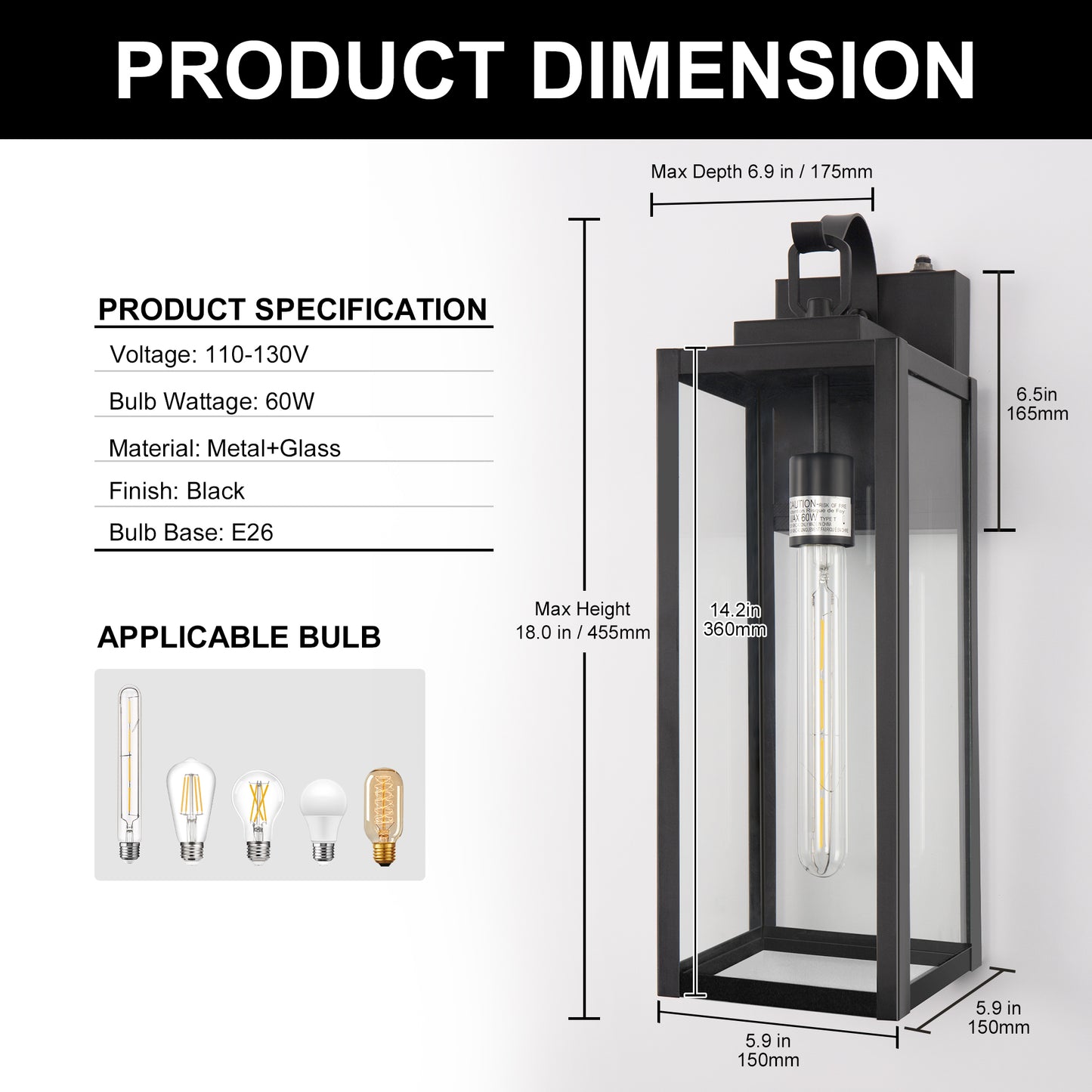 18 in. 2-Pack Large Black Dusk to Dawn Outdoor Waterproof Lantern Wall Lights with Clear Glass Shade(T30 Bulbs Included)