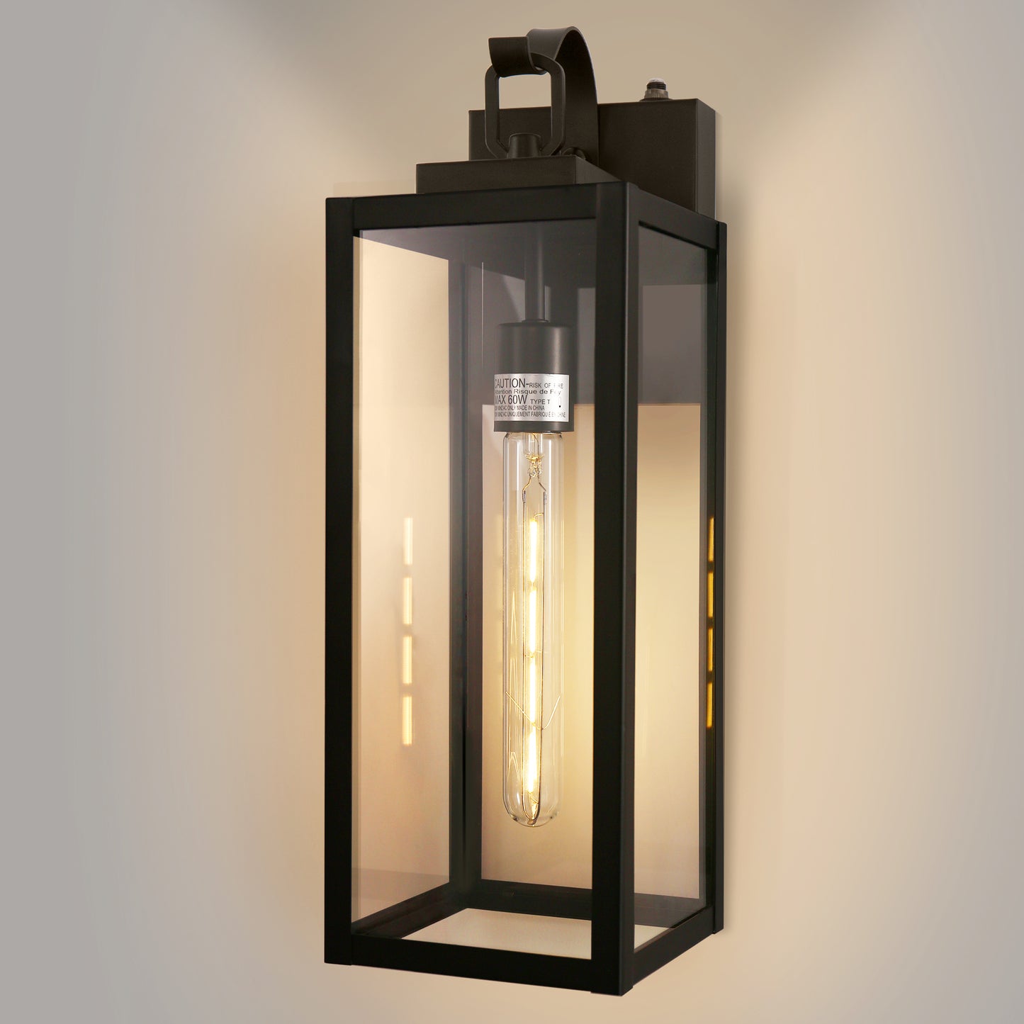 18 in. 2-Pack Large Black Dusk to Dawn Outdoor Waterproof Lantern Wall Lights with Clear Glass Shade(T30 Bulbs Included)
