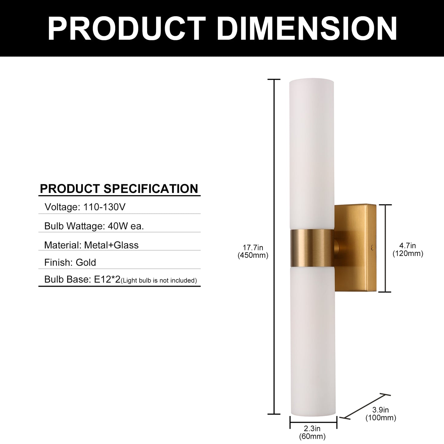 18 in. 2-Light Modern Gold Double Tube Wall Sconce, Sleek Up and Down Light Fixture for Bathroom, Bedroom, or Hallway