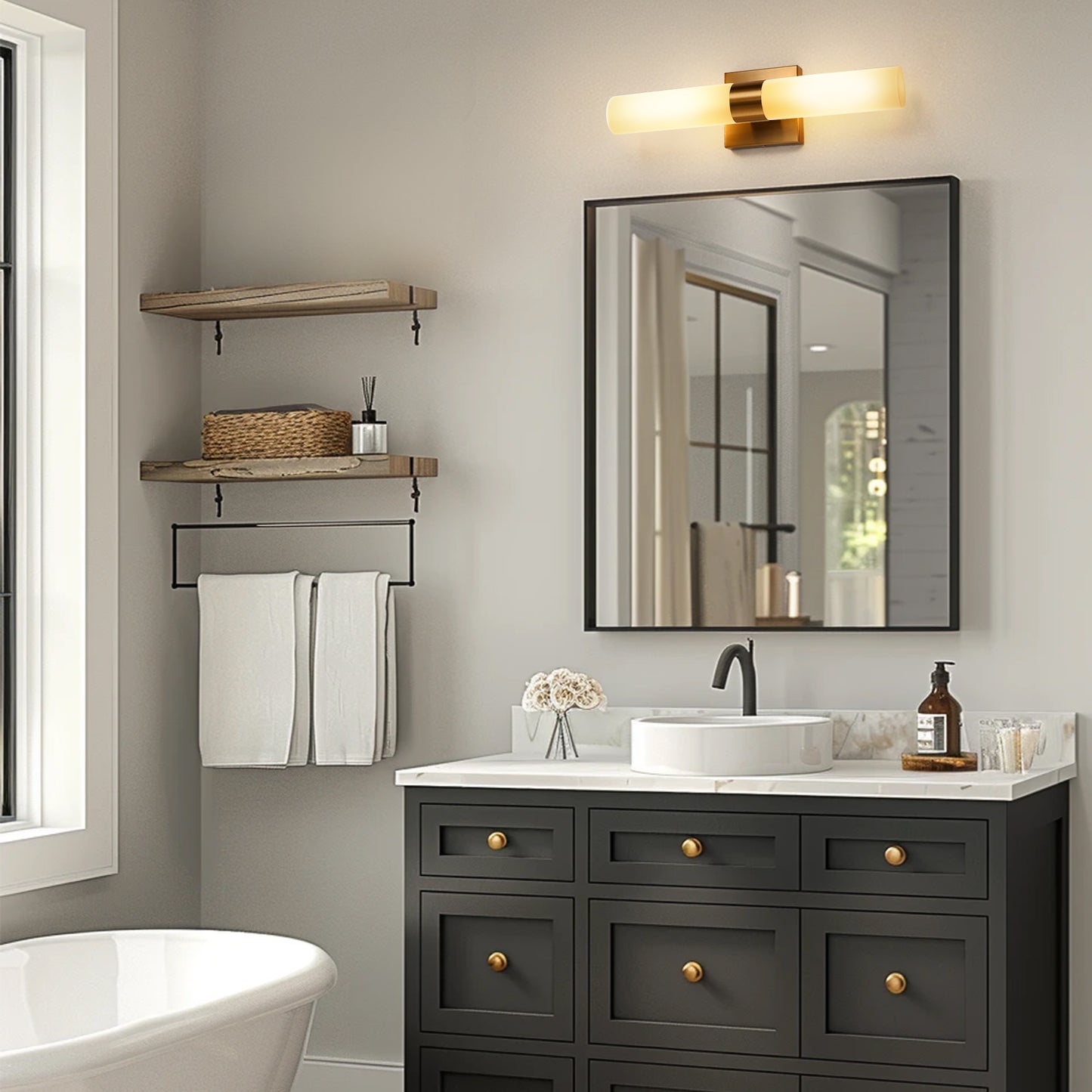 18 in. 2-Light Modern Gold Double Tube Wall Sconce, Sleek Up and Down Light Fixture for Bathroom, Bedroom, or Hallway