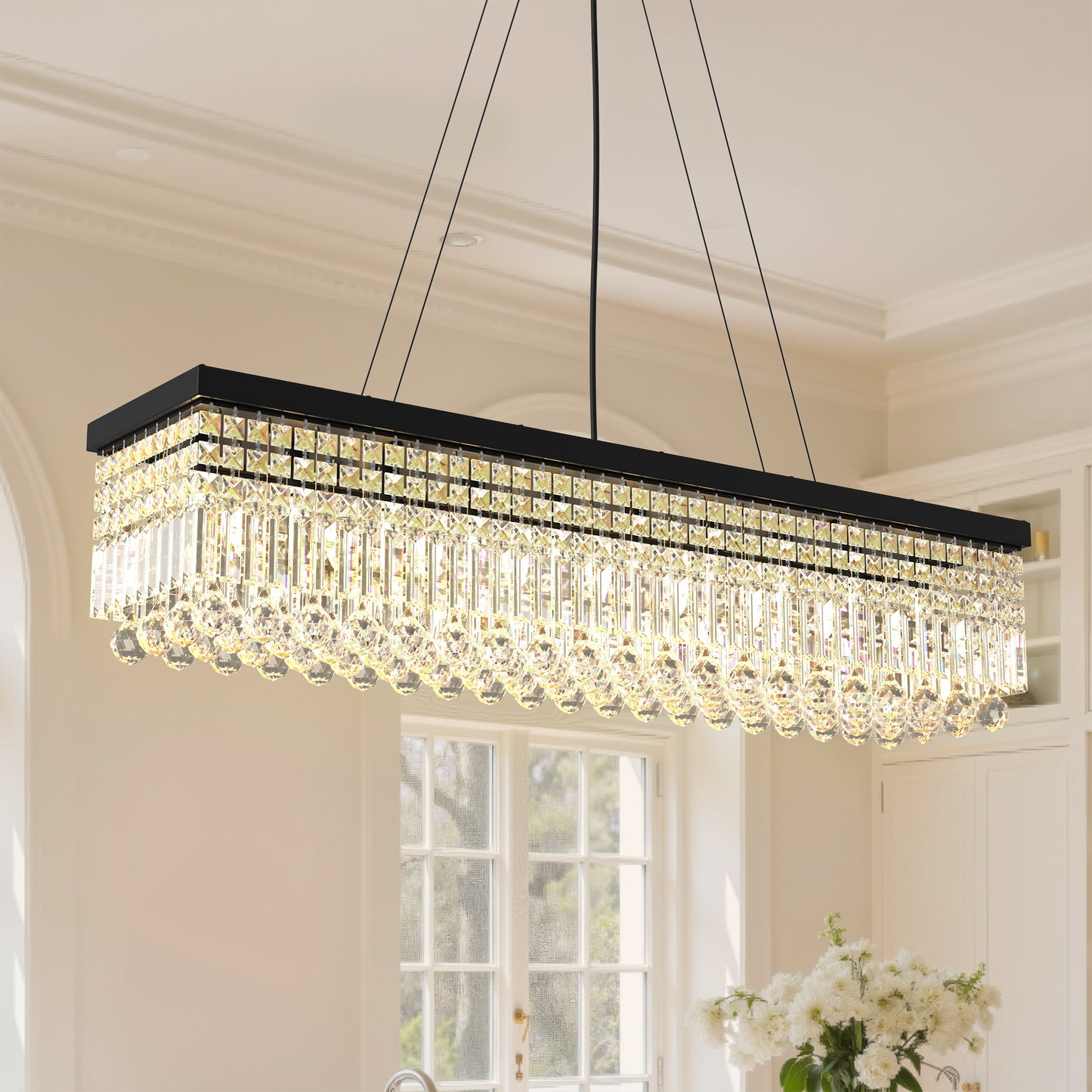 YANSUN 10-Light Crystal Island Chandelier in Matte Black, Modern Linear Dining Room Pendant with E12 Base, 44.5 in.
