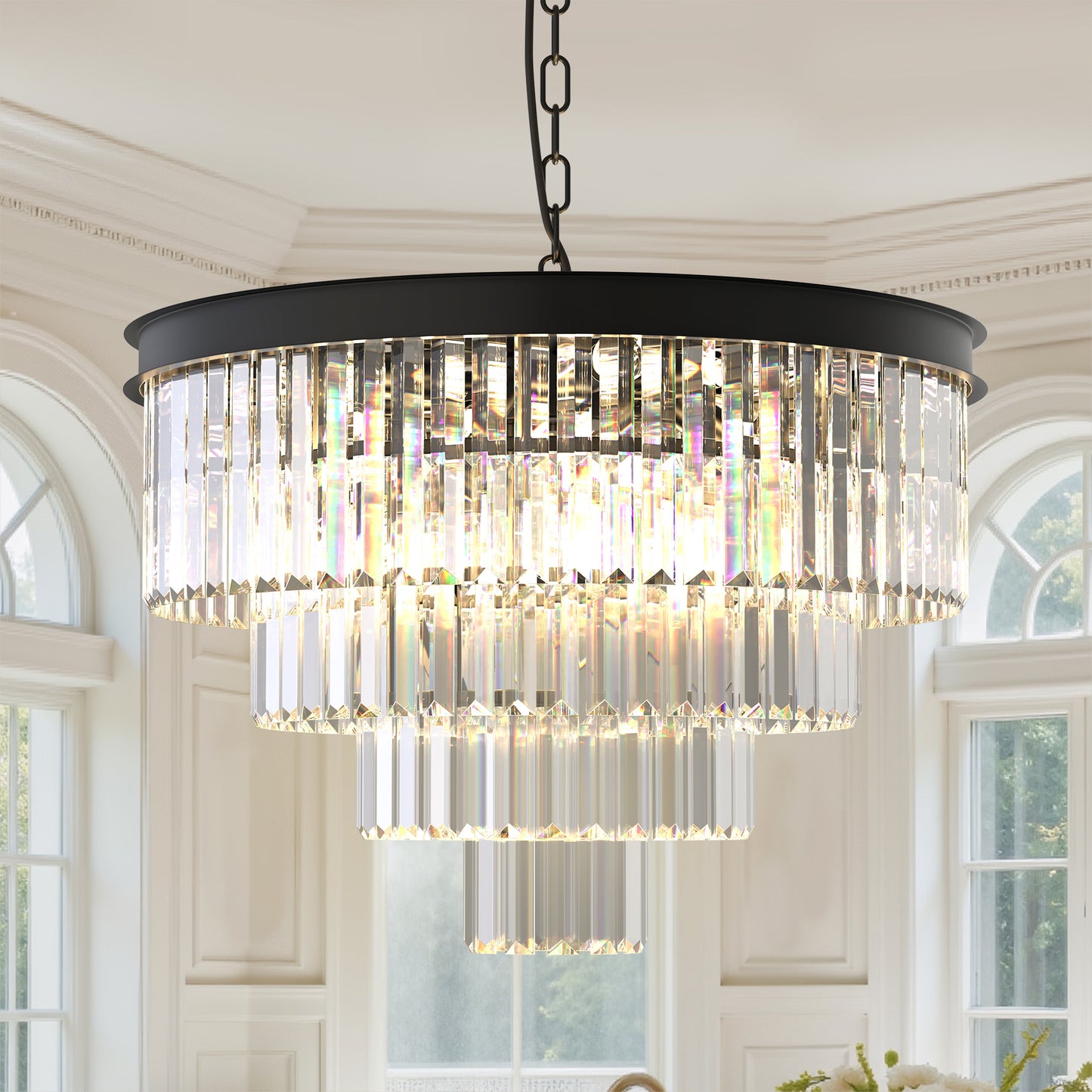 YANSUN 56.7 in. 12-Light Matte Black Drum Chandelier with 4-Tier Triangle Crystal Strips and E12 Base for Dining Room