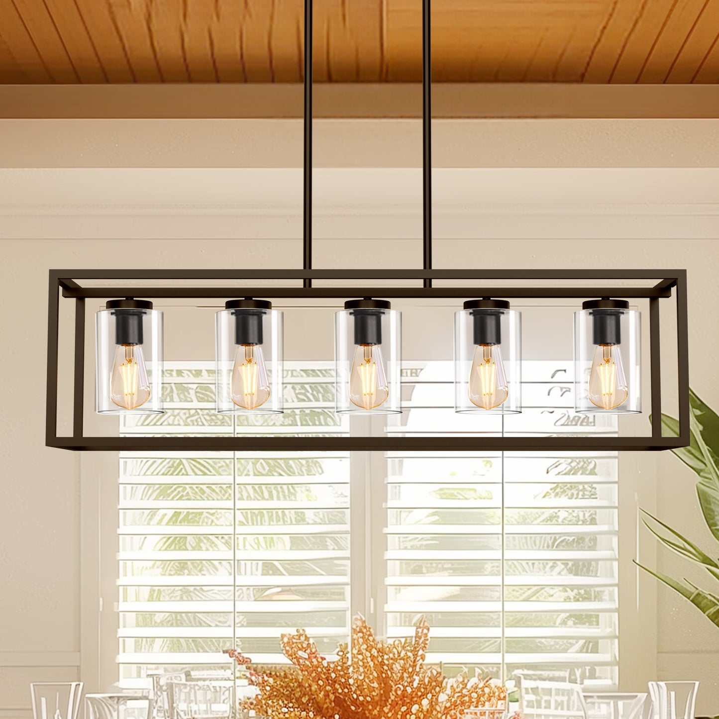 5-Light Dimmable Matte Black Linear Rectangle Chandelier Kitchen Island Pendant Light with Clear Glass Shade
