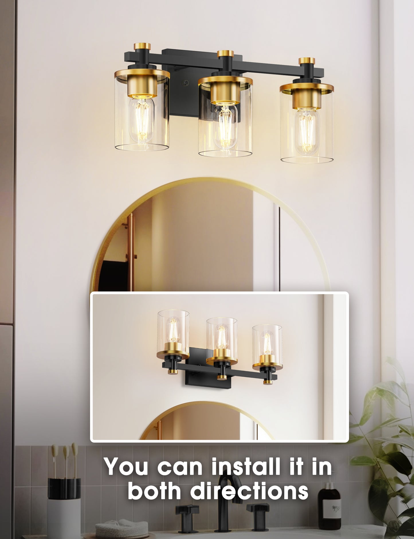20 in. 3-Light Black and Gold Bathroom Vanity Light with Clear Glass Shades for Mirror and Vanity