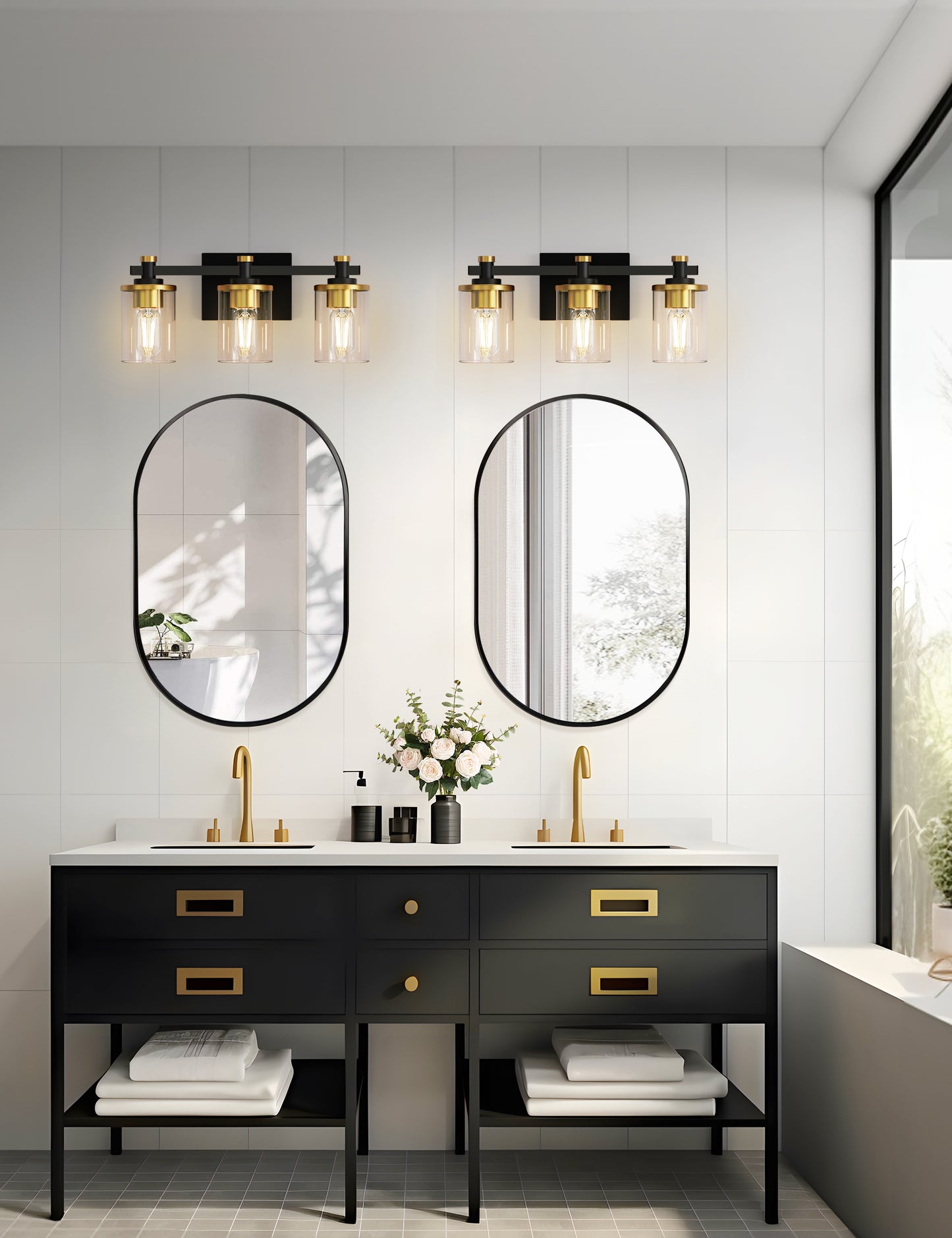 20 in. 3-Light Black and Gold Bathroom Vanity Light with Clear Glass Shades for Mirror and Vanity