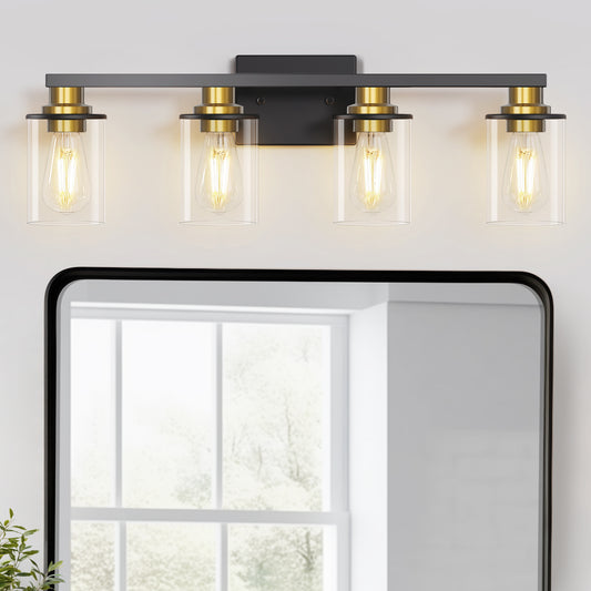 27 in. 4 Light Bathroom Vanity Light, Modern Black and Gold Bathroom Lights Fixtures Over Mirror with Clear Glass Shade