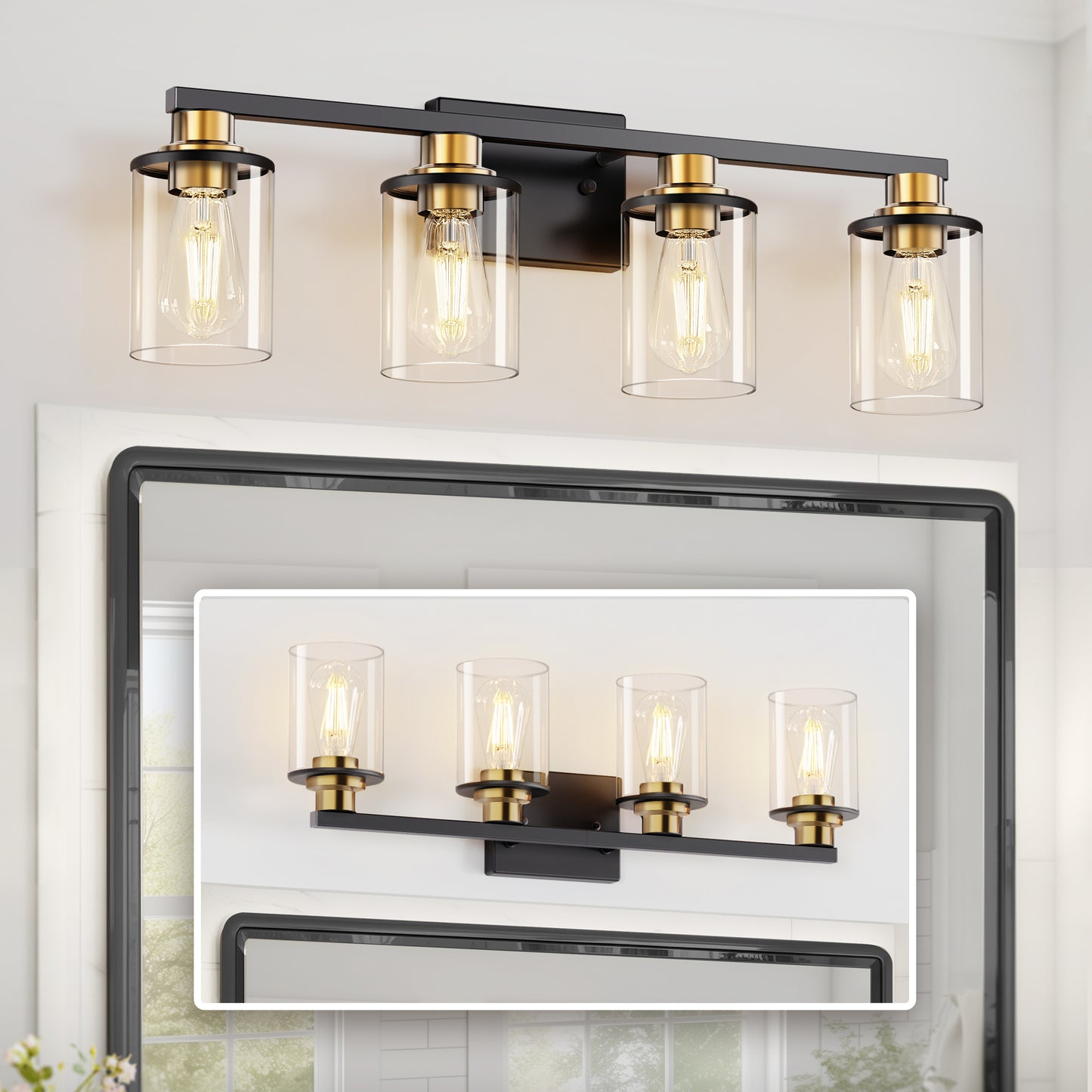 27 in. 4 Light Bathroom Vanity Light, Modern Black and Gold Bathroom Lights Fixtures Over Mirror with Clear Glass Shade