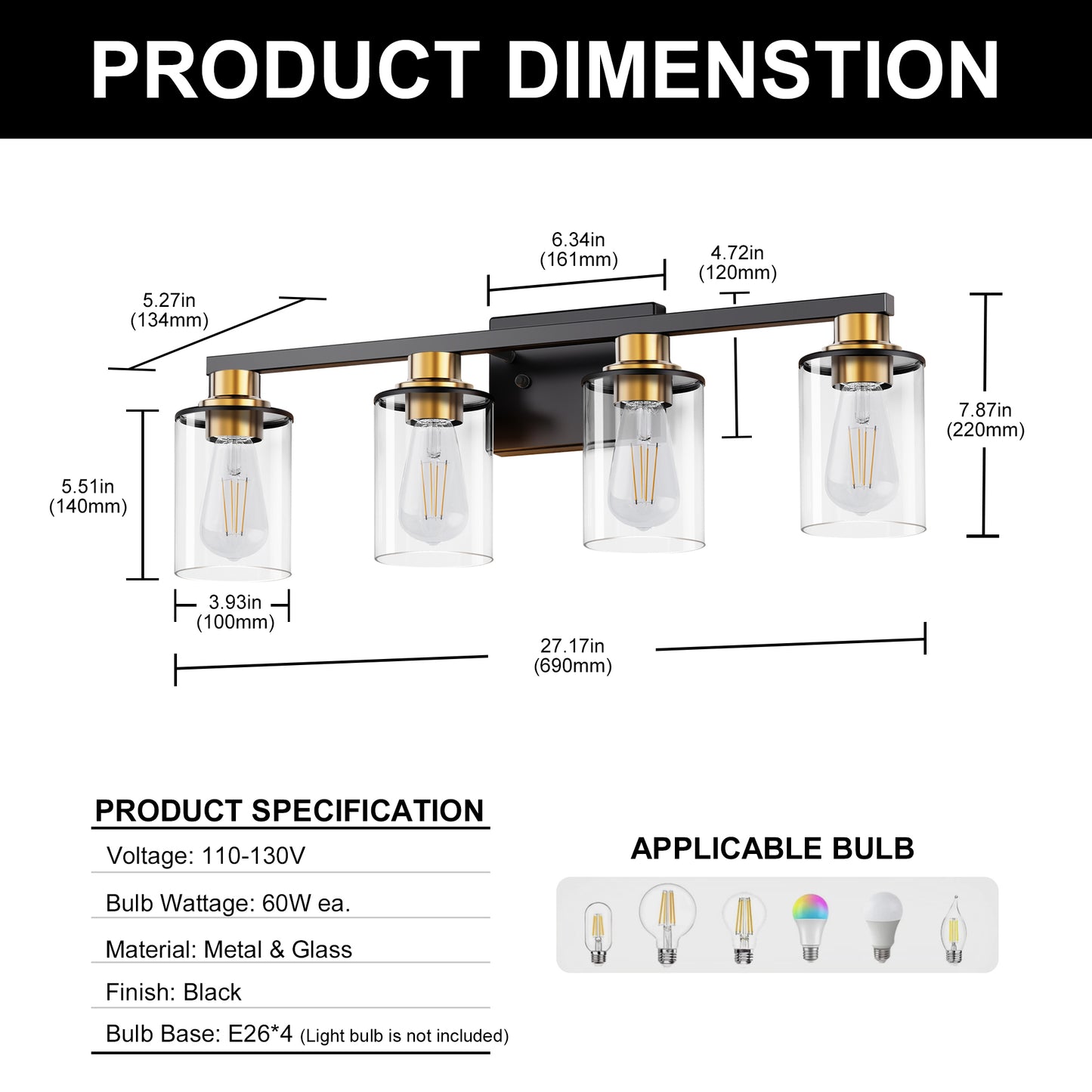 27 in. 4 Light Bathroom Vanity Light, Modern Black and Gold Bathroom Lights Fixtures Over Mirror with Clear Glass Shade