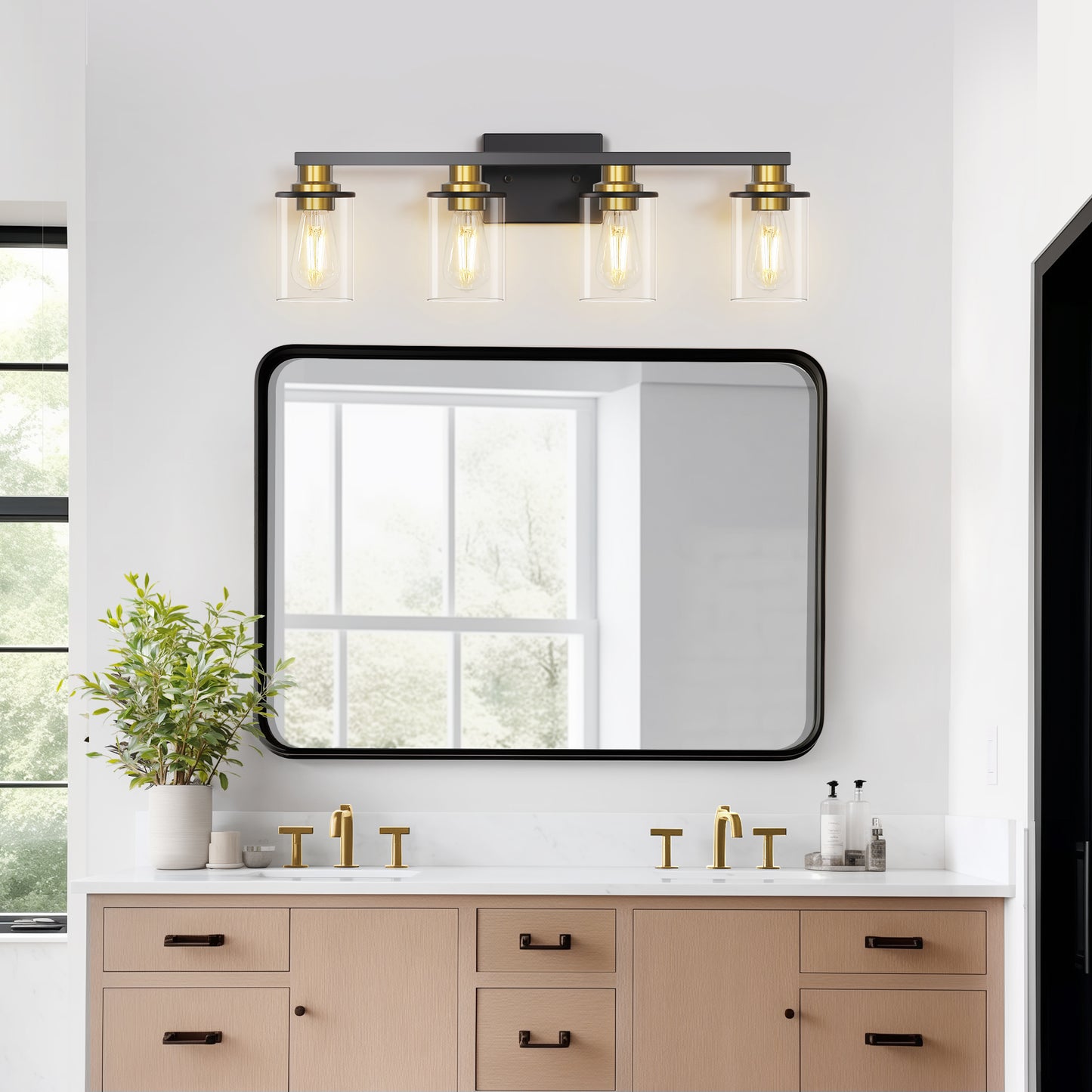 27 in. 4 Light Bathroom Vanity Light, Modern Black and Gold Bathroom Lights Fixtures Over Mirror with Clear Glass Shade